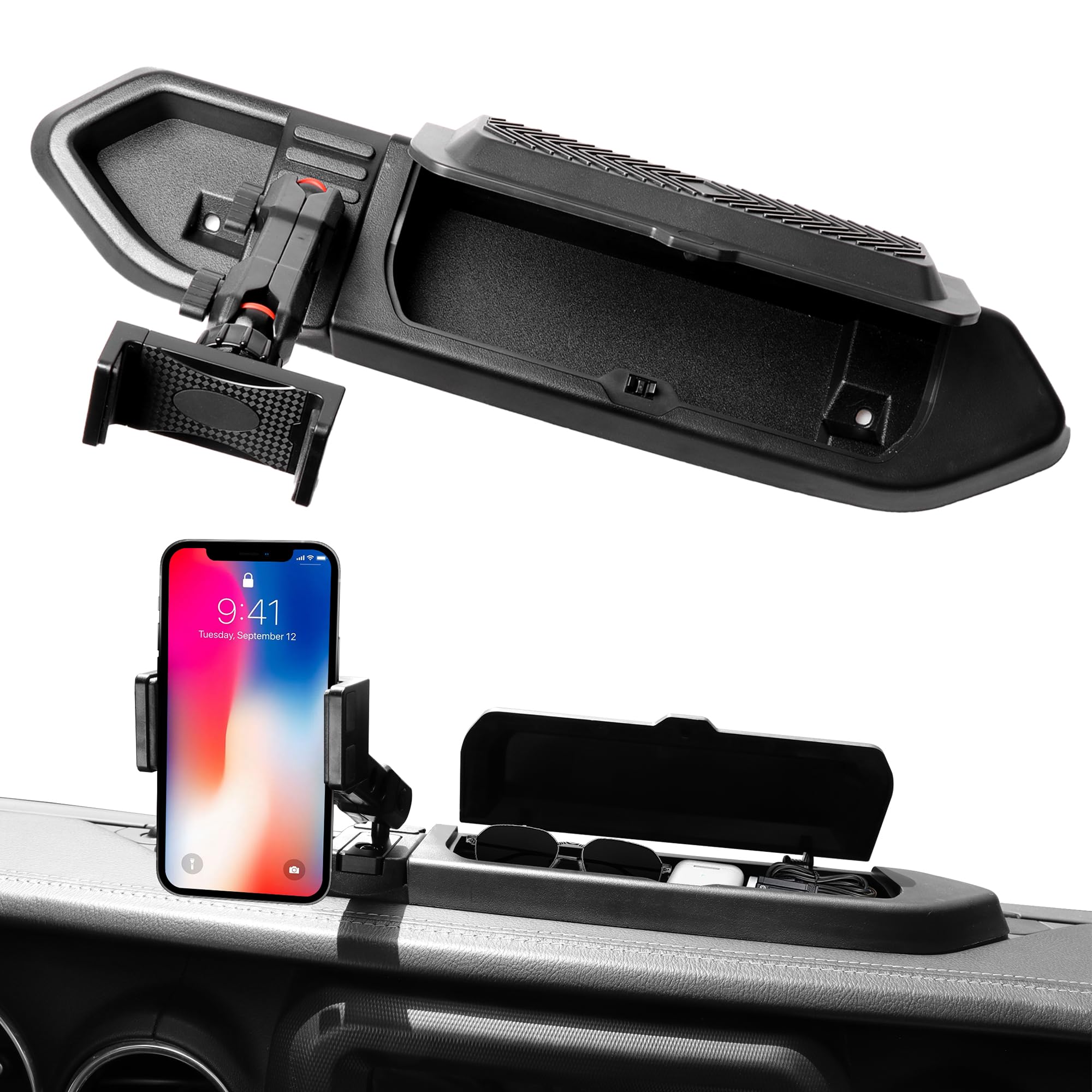 JL Phone Holder Storage Box with Cover - Dash Cell Phone Mount & Tray for 2018-2023 Jeep Wrangler JL & Gladiator JT Accessories (1 Pack, Black) - Perfect for Road Trips & Off-Road Adventures