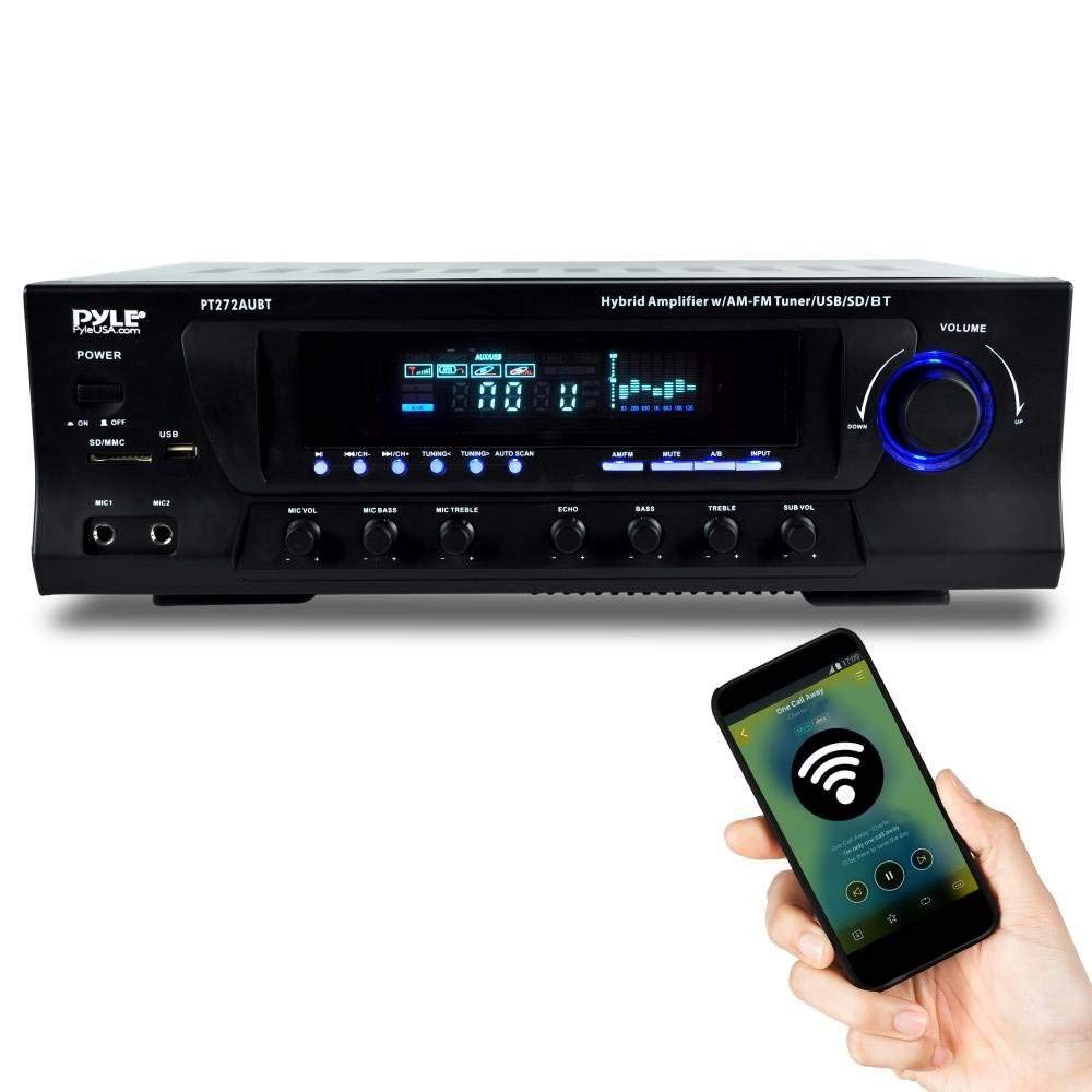 Pyle Wireless Bluetooth Audio Power Amplifier - 300W 4 Channel Home Theater Stereo Receiver with USB, AM/FM Radio, 2 Mic Inputs with Echo, RCA, LED Display, Speaker Selector - Perfect for Studio, Home Theater, Karaoke & Party Use - PT272AUBT (Black)