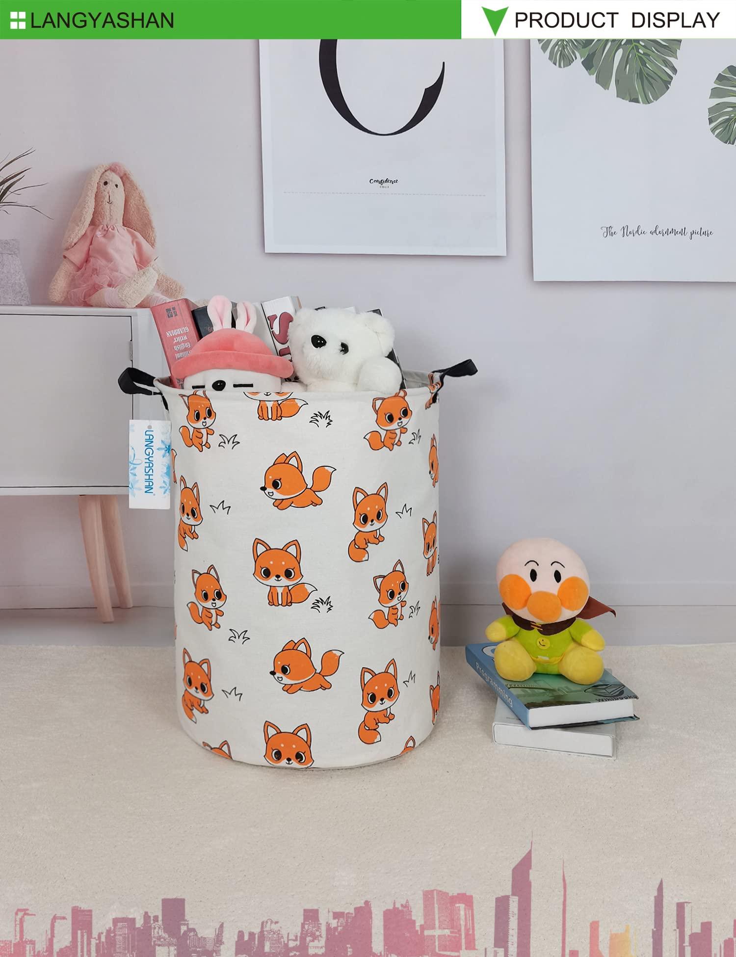 Collapsible Canvas Laundry Basket with Fox Design - Foldable Storage Organizer for Clothes, Toys, and Gifts | Perfect for Nursery, Bedroom, and Kids Room Organization