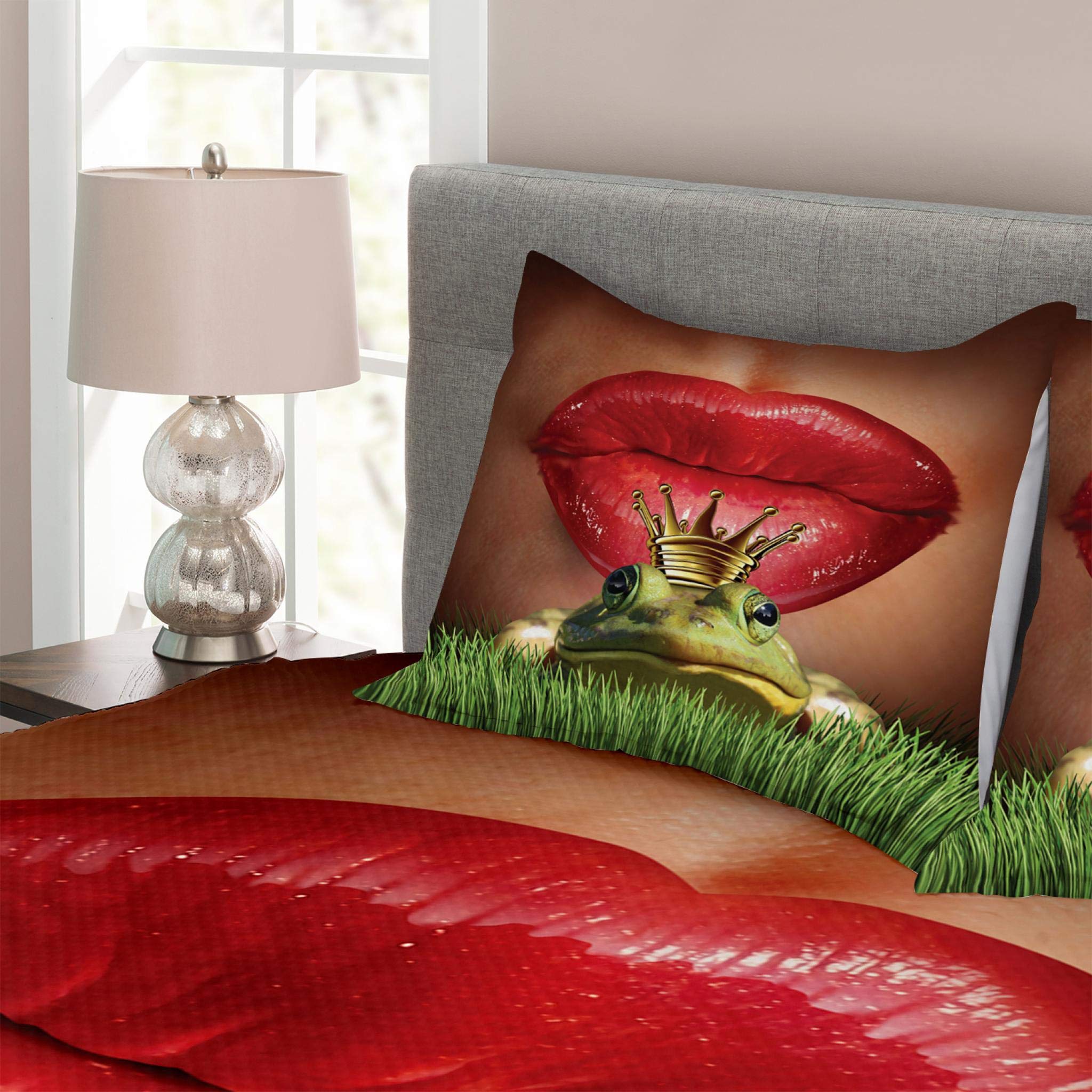 Ambesonne Animal Print Bedspread Set - Lady Finds Her Frog Prince Romance Art, 3-Piece King Size Bedding with 2 Pillow Shams, Green Red Yellow - Perfect for Master Bedroom, Guest Room & Bohemian Home Decor