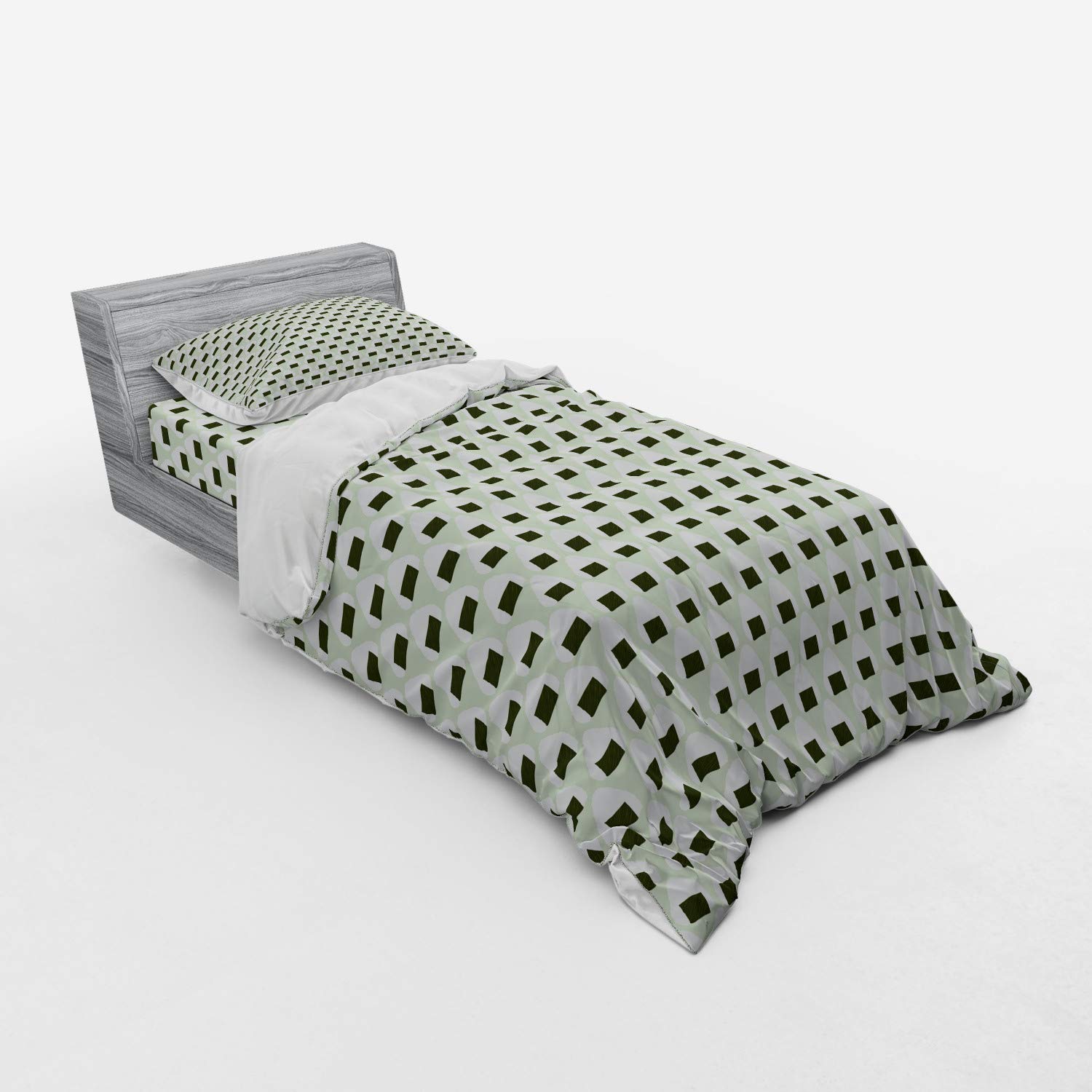 Ambesonne Abstract Bedding Set - Japanese Onigiri Rice Balls Pastel Snack Design, 3-Piece Duvet Cover Set with Pillow Sham & Fitted Sheet, Twin Size in Pale Green & Dark Green - Perfect for Teen Bedrooms, Dorm Rooms & Modern Apartments