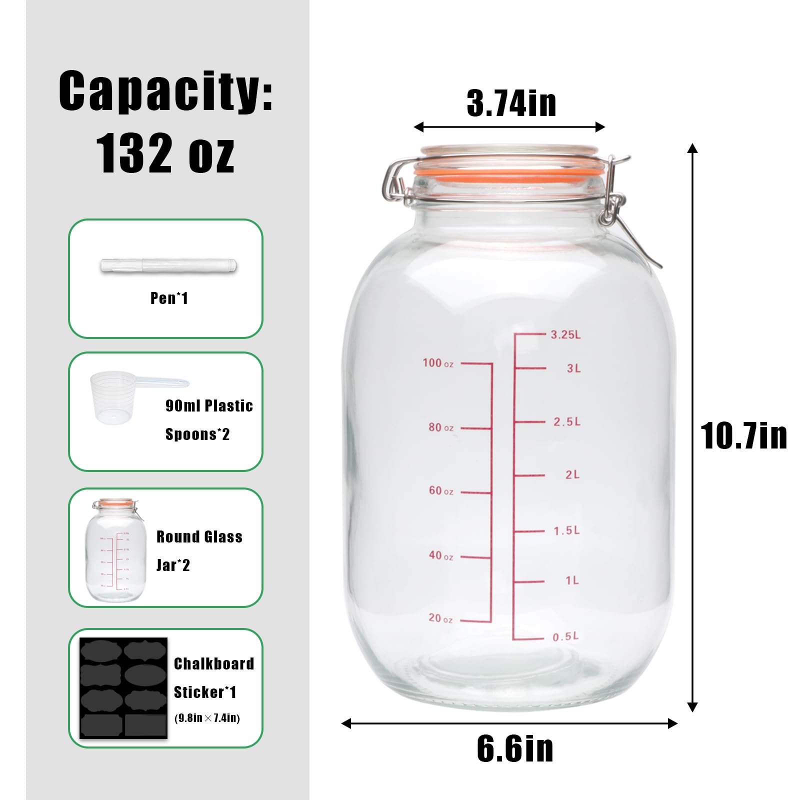 1-Gallon Round Glass Storage Jars with Hinged Lids - Wide Mouth Canning Jars with Scoop & Measurement Marks - Large Glass Containers for Fermenting, Pasta, Pickles, Sun Tea - Perfect for Kitchen, Pantry & Home Organization