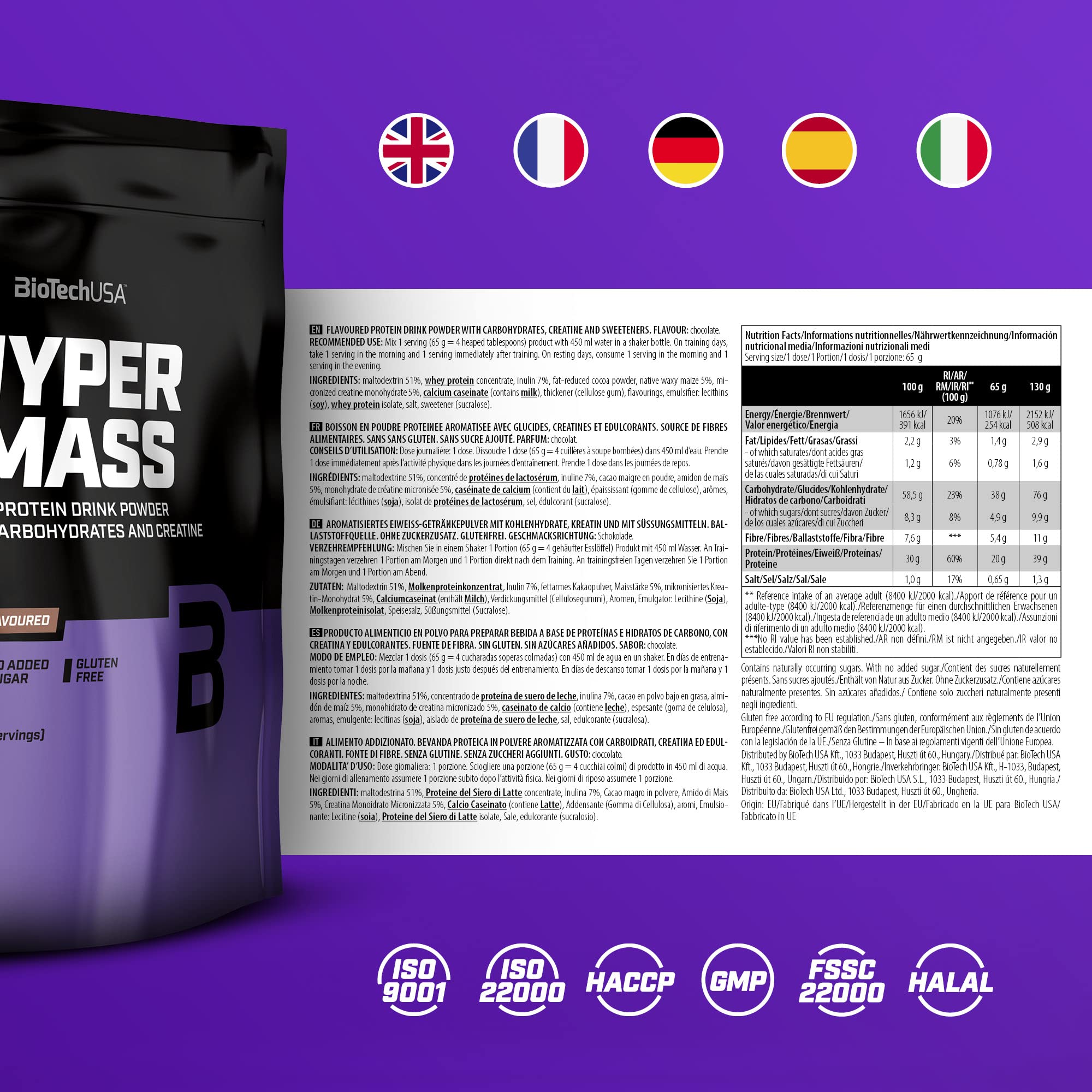 BioTechUSA Hyper Mass Gainer - Chocolate Flavor 1000g for Muscle Growth & Weight Gain | Post-Workout Recovery Shake for Athletes & Bodybuilders