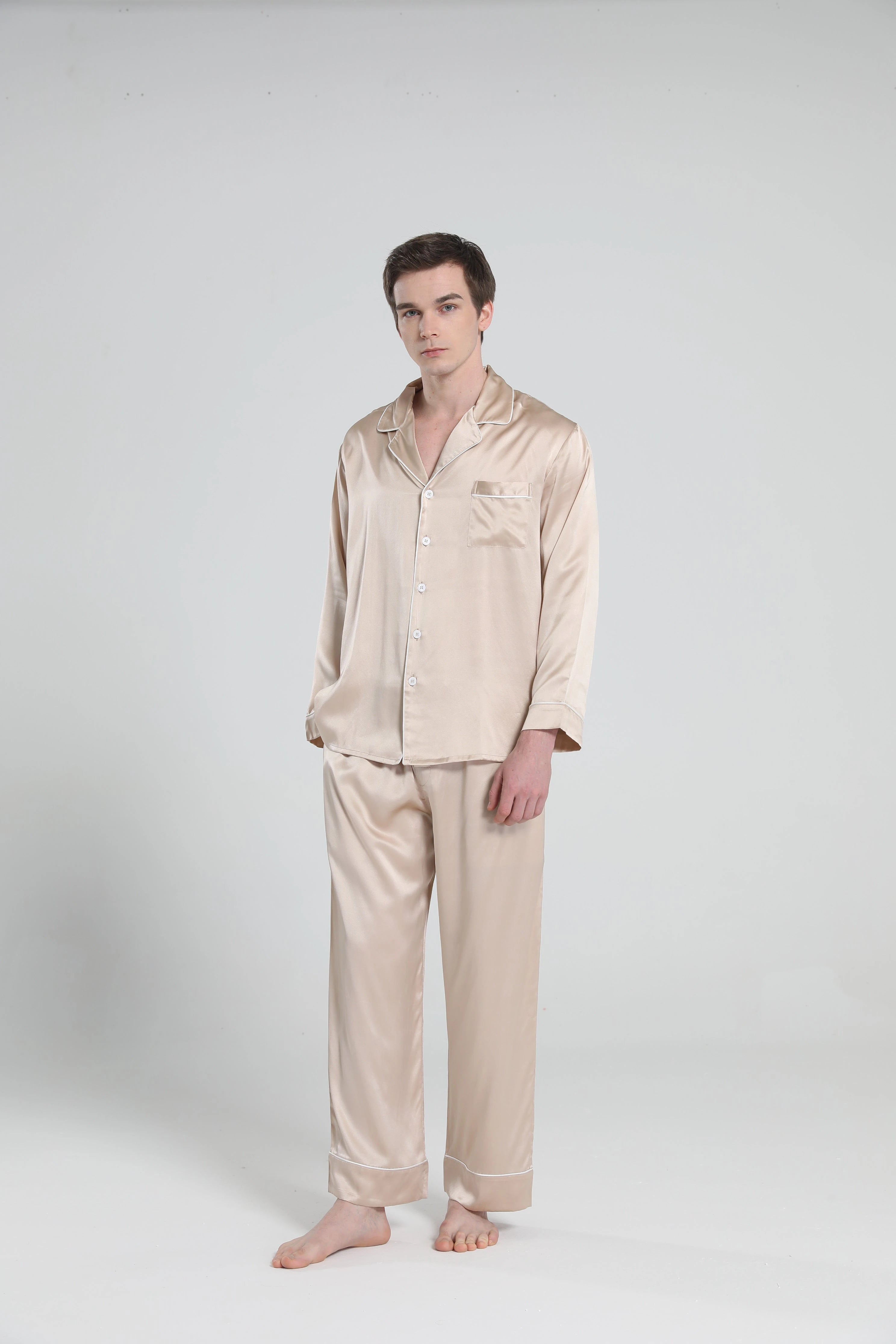 Premium Men's Silk Pajama Set with Lapel Collar - Soft & Breathable Sleepwear for Lounge & Travel - Perfect for Home Relaxation & Hotel Stays
