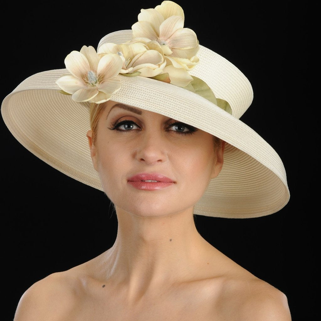 W6008 Women's Open Top Spring Summer Hat - Light Tan/Cream Straw with Small Floral Design | Perfect for Beach, Garden & Outdoor Activities