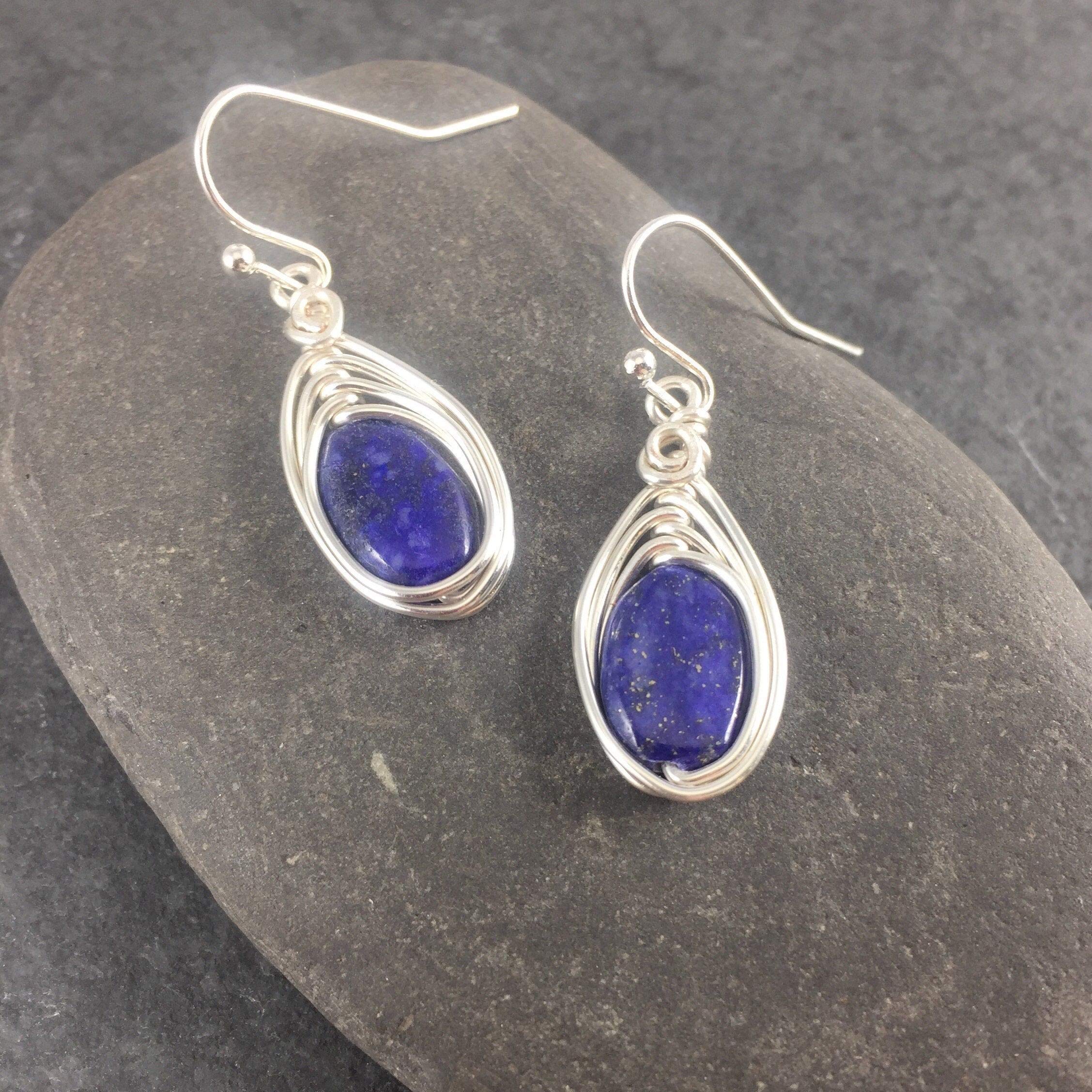 Natural Lapis Lazuli Earrings for Women - Genuine Cobalt Blue Drop Earrings with Silver Wire Wrapped Stone, Handmade Lapis Lazuli Jewelry - Perfect Gift for Birthday, Anniversary & Special Occasions