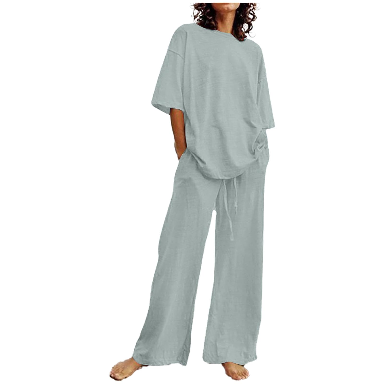 Women's 2-Piece Shorts Set - Retro Cotton Linen Outfit for Summer, Beach & Vacation | Lounge Wear with Half Sleeve Crew Neck Shirt - Perfect for Casual Outings, Travel & Relaxation