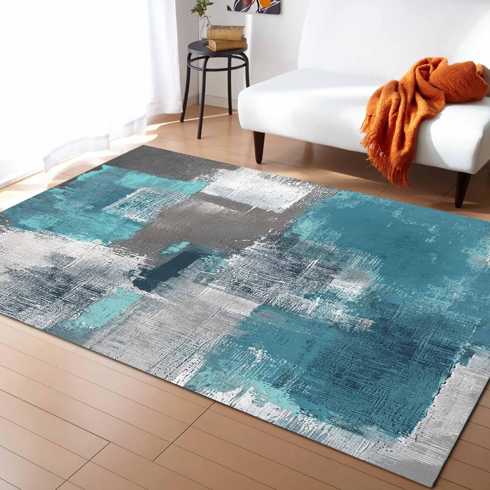 Modern Abstract Teal & Gray Shag Area Rug 2'8