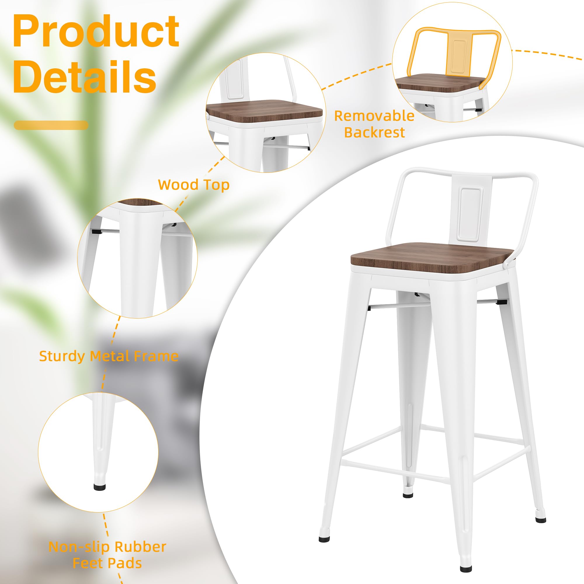 Yongchuang 30 Inch Bar Stools Set of 4 - Metal Bar Height Stools with Wooden Seats & Low Back Design - Cream White Kitchen Counter Chairs for Dining Room, Bar, or Breakfast Nook