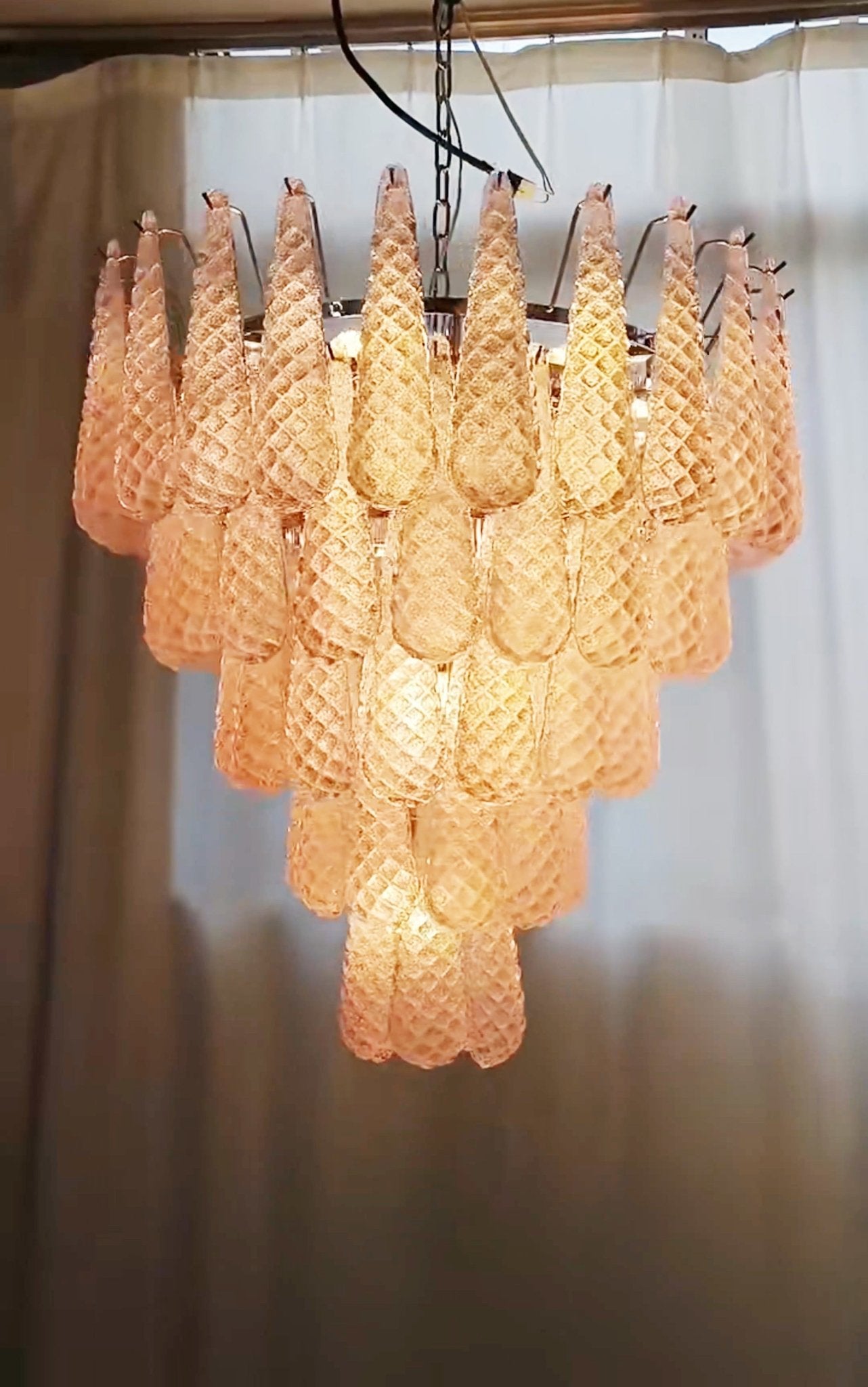 Murano Pink Glass Droplet Chandelier - Handmade Italian Crystal Pendant Light for Dining Room, Bedroom & Living Room Decor