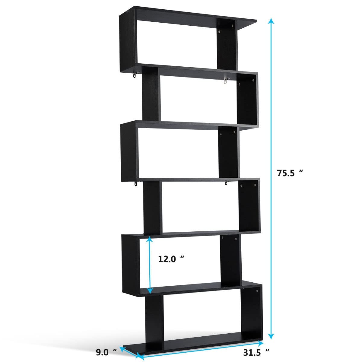 6-Tier S-Shaped Wooden Bookshelf - Freestanding Decorative Storage Shelf & Room Divider for Living Room, Home Office | Z-Shelf Style Bookcase for Display & Organization