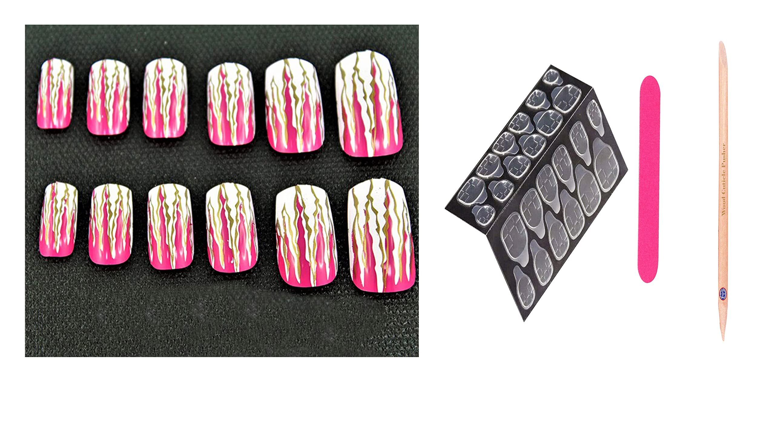 ELA A2(12) Fancy Nails & Accessories Kit - 12pc False Nails, 24pc Nail Glue Tabs, Mini Nail Filer & Cuticle Pusher Stick - Perfect for DIY Manicure, Home Salon & Party Nail Art