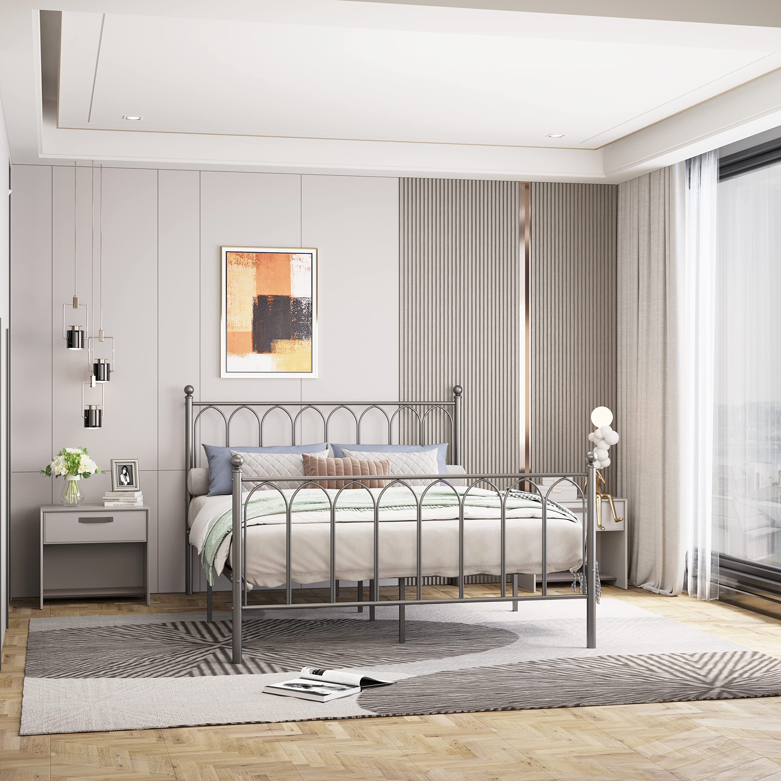 Queen Size Metal Bed Frame with Classic Headboard - Sturdy Mattress Foundation with Under Bed Storage Space, No Box Spring Required | Perfect for Small Bedrooms, Guest Rooms & Dormitories