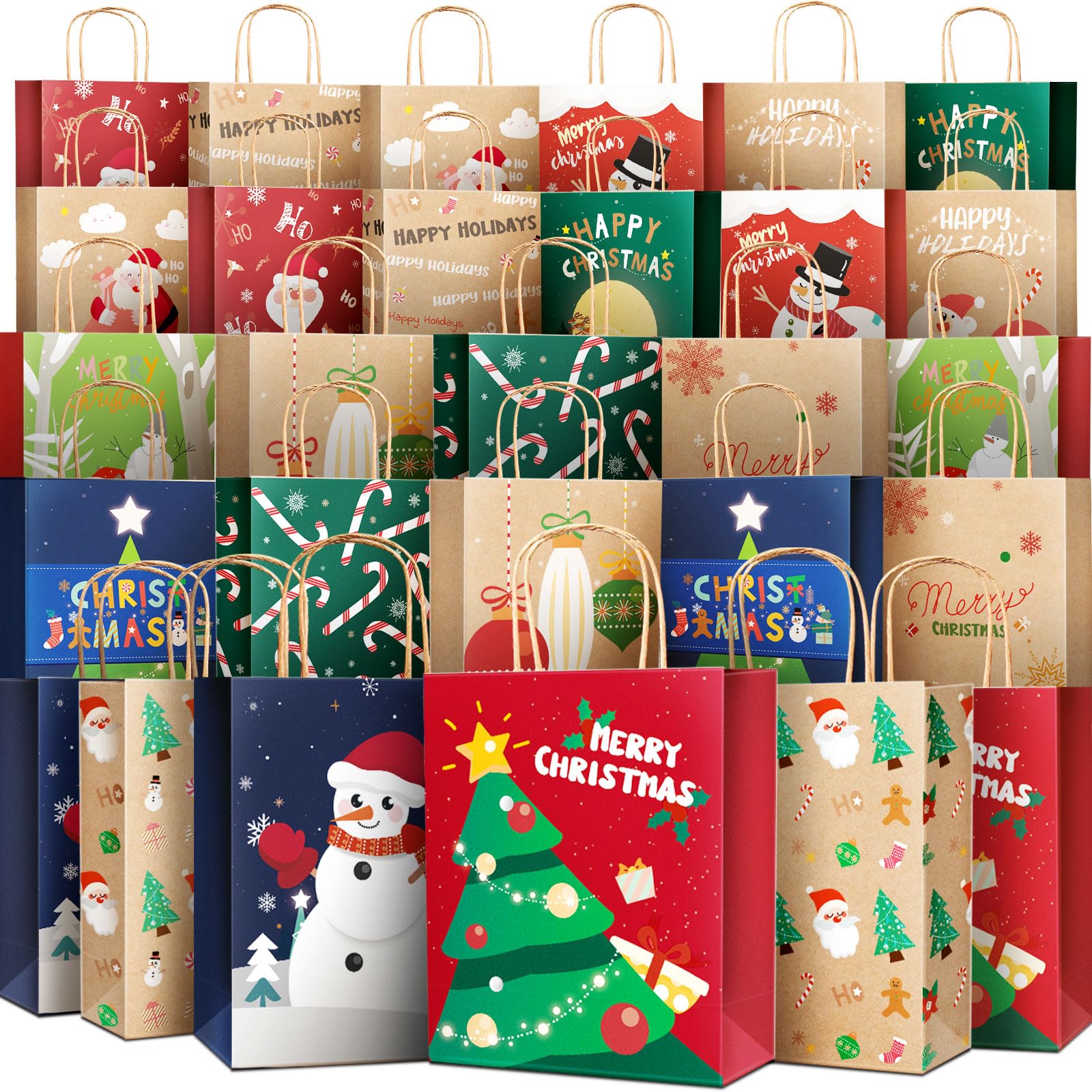 BlessedSeason 28 PCS Reusable Kraft Gift Bags with Handles - 14 Stylish Designs (6 Large, 10 Medium, 12 Small) for Holidays, Birthdays & Party Favors | Eco-Friendly Christmas, Wedding & Baby Shower Gift Packaging