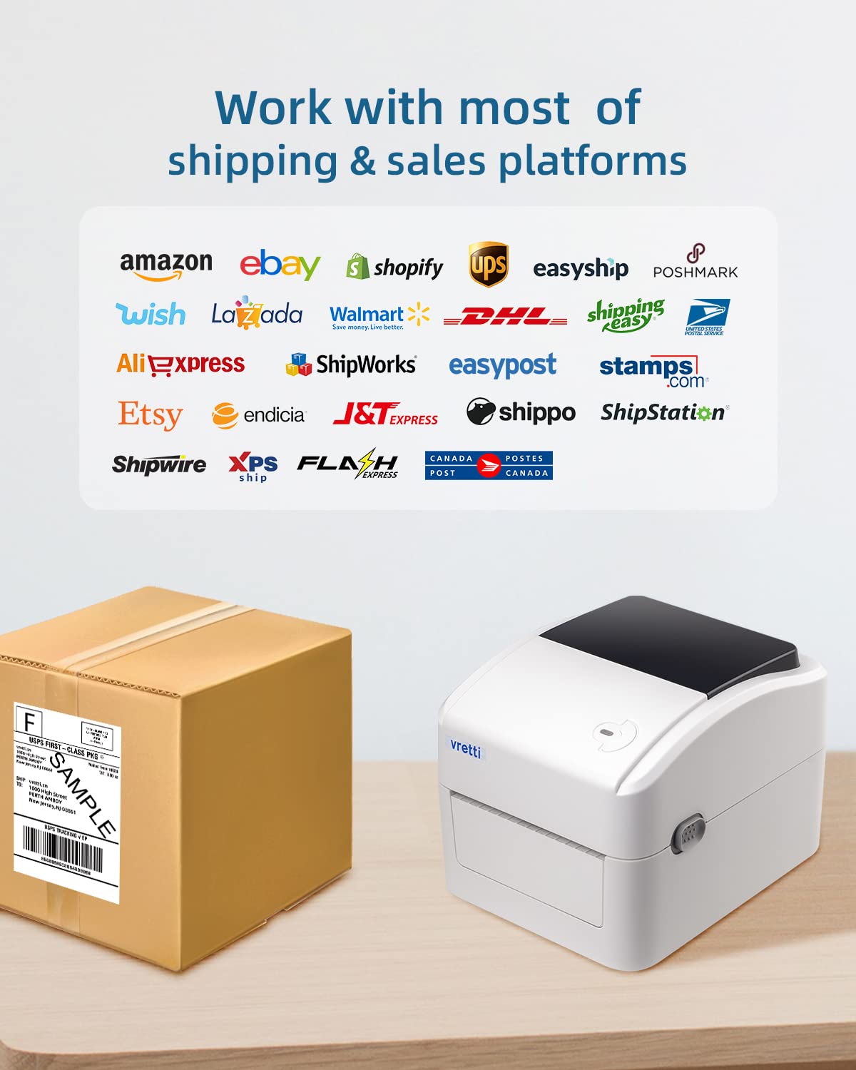 Vretti Bluetooth Thermal Label Printer - Wireless Shipping Label Printer for Small Business & Ecommerce Packages | Compatible with iPhone, Android, USPS, Amazon, UPS, FedEx | Perfect for Home Office, Warehouse & Online Sellers