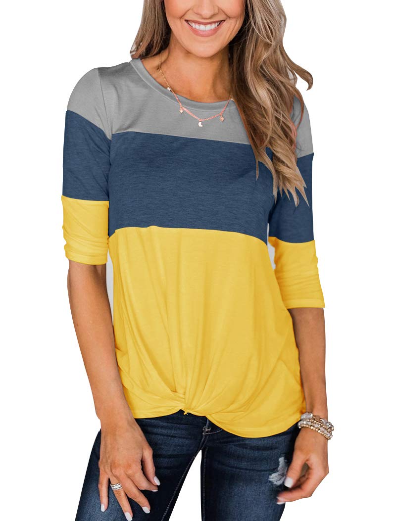 Orchidays Women's Half Sleeve Summer T-Shirts - Casual Knot Front Color Block Blouse for Beach, Vacation & Everyday Wear