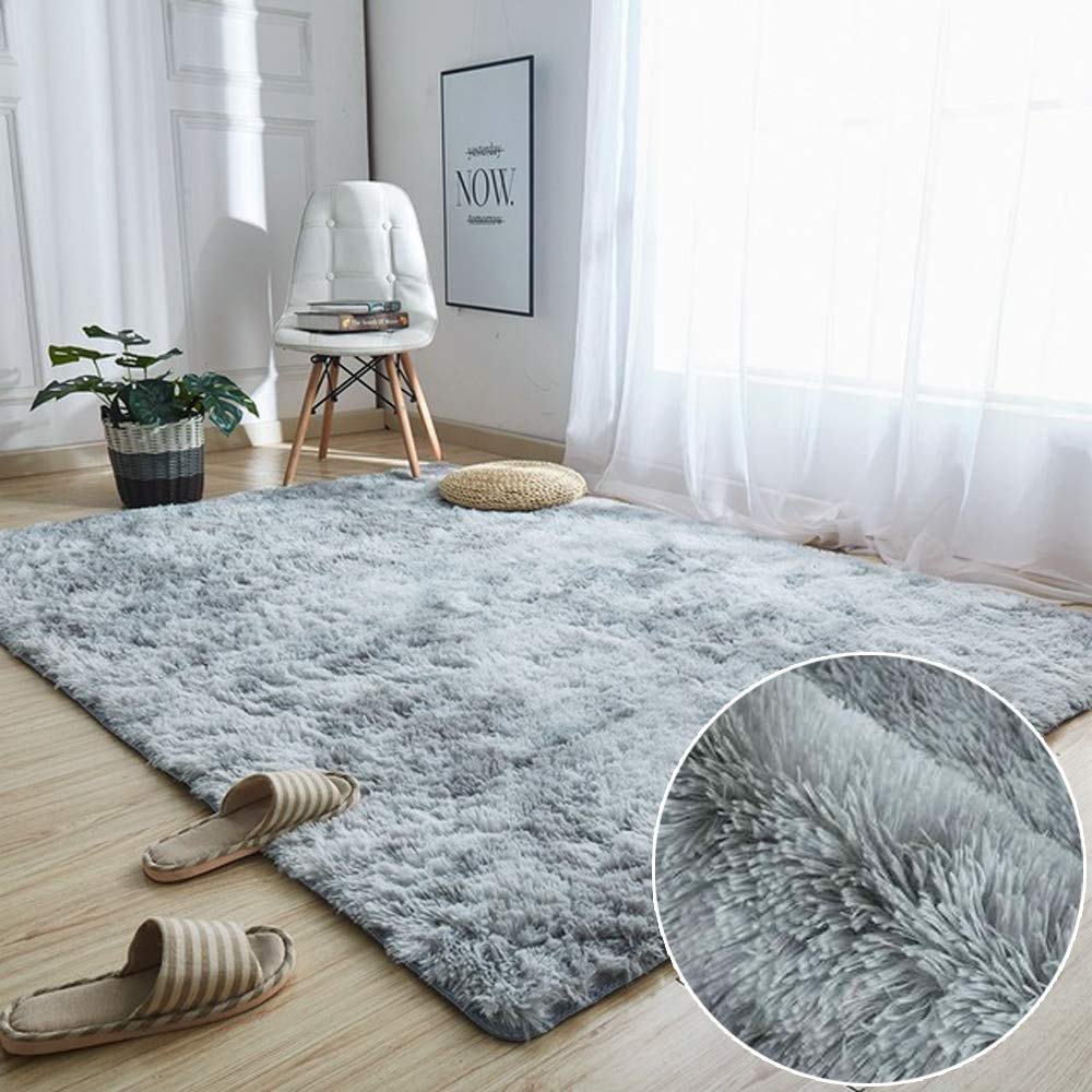 Soft and Fluffy Shaggy Rug for Living Room and Bedroom - Modern Grey White Faux Fur Carpet 47x63 Inch - Cozy Home Decor for Lounge, Nursery, and Dorm Room