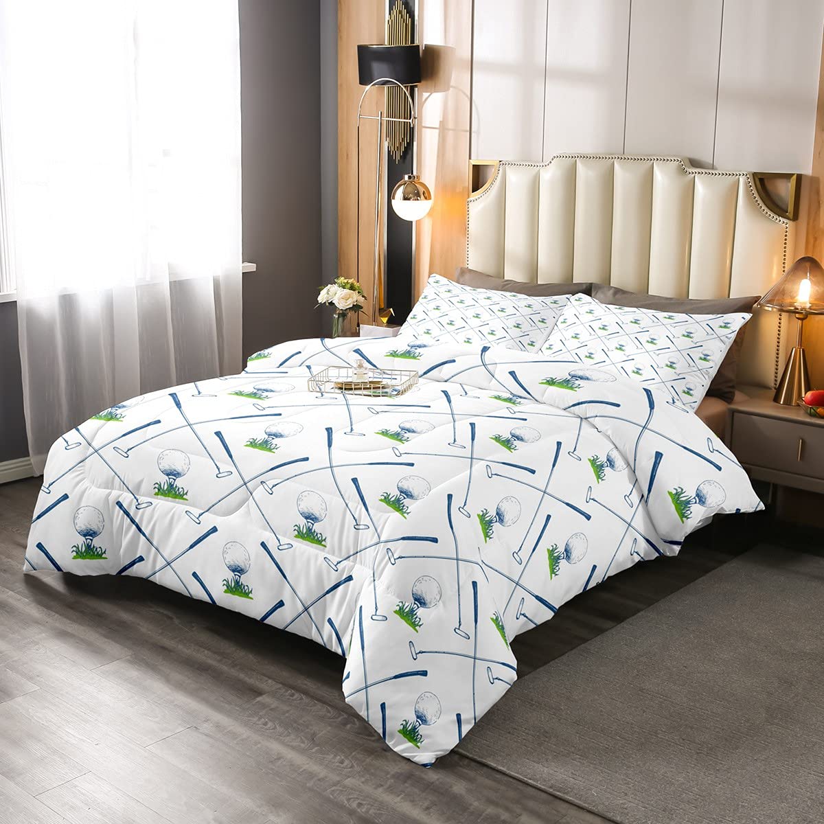 Erosebridal Twin Size Golf Club Comforter Set - Sport Themed Bedding with Grass Leaf Design, 2 Piece Set Includes 1 Pillow Case (White) - Perfect for Golf Enthusiasts, Athletes & Men's Bedroom Decor