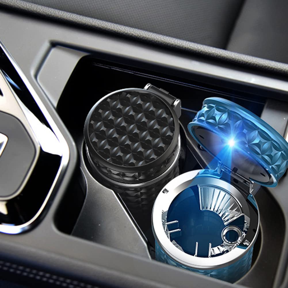Portable Car Ashtray with Lid - Windproof & Smell Proof Mini Trash Can for Cars, Universal Car Holder Accessory with Blue LED Light Indicator (White & Purple Crystal Diamond Design) - Perfect for Road Trips, Commuting & Keeping Your Vehicle Clean