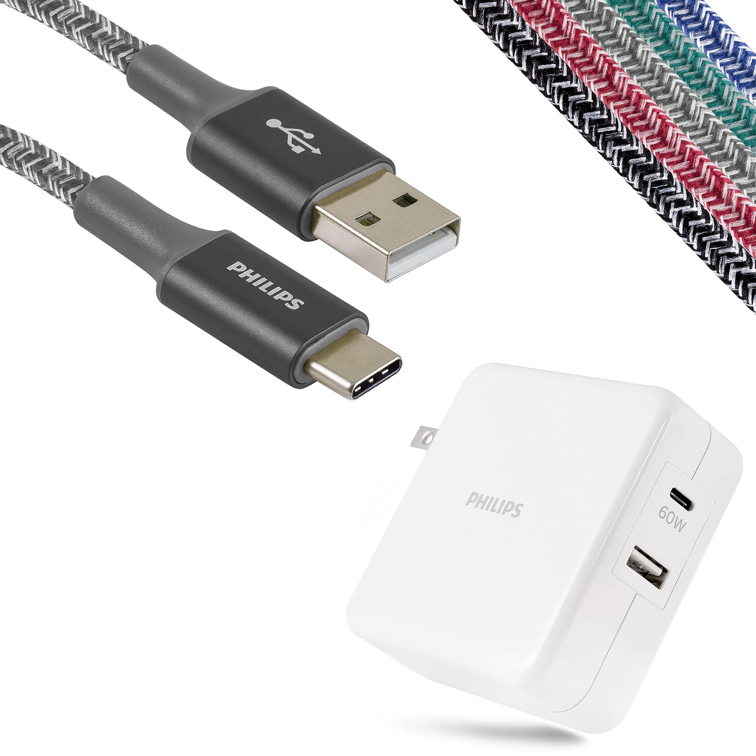 Philips 60W USB-C Wall Charger with 6ft Braided Cable - Fast Charging for Laptop, Phone & Tablet | Dual Port USB-C & USB-A | Compatible with MacBook, iPhone, iPad, Samsung Galaxy, Google Pixel | Perfect for Travel, Office & Home Use (Grey)