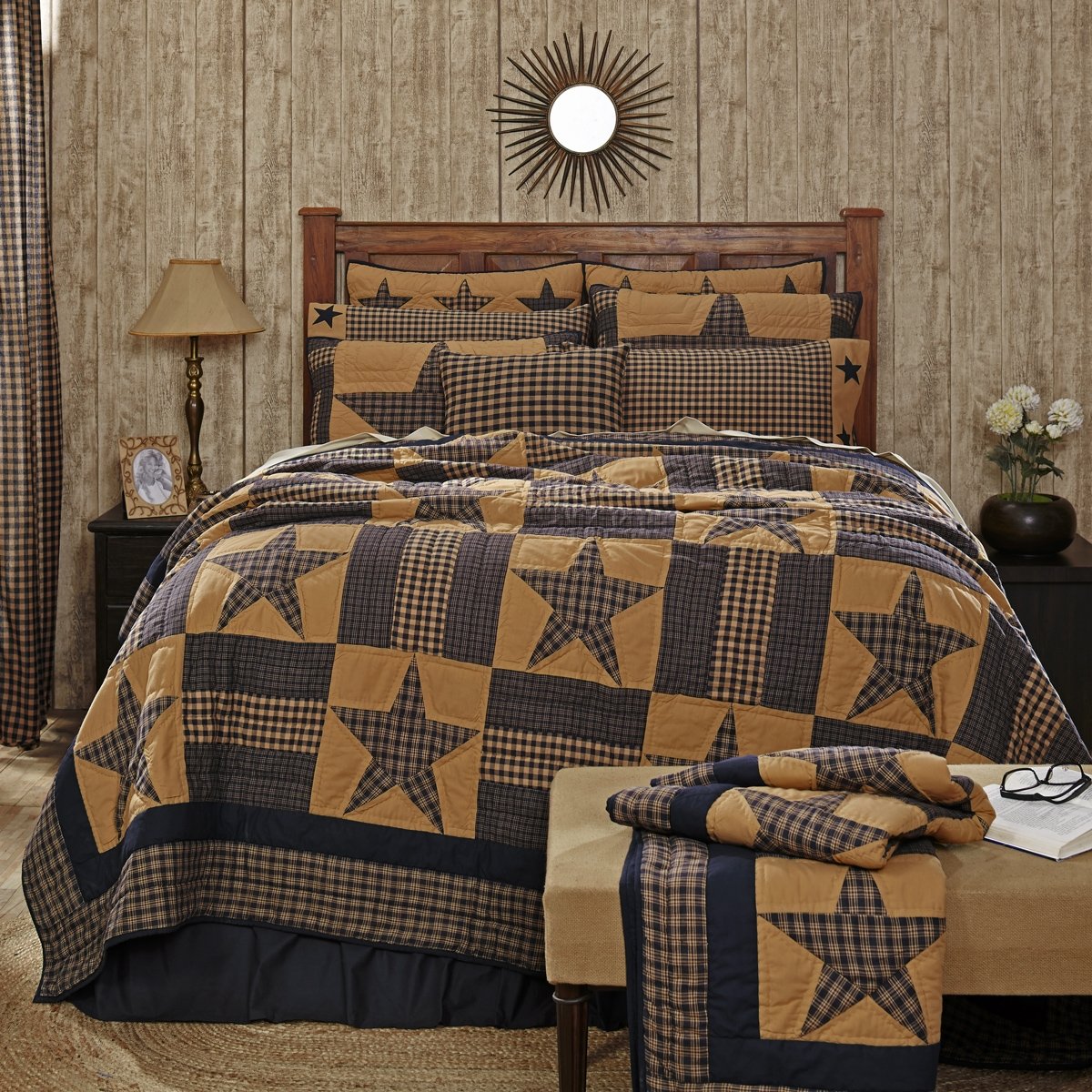 VHC Brands Teton Star 3 Piece Queen Quilt Set - Navy & Khaki Bedding Comforter for Cozy Home Decor | Perfect for Master Bedroom, Guest Room & Dorm