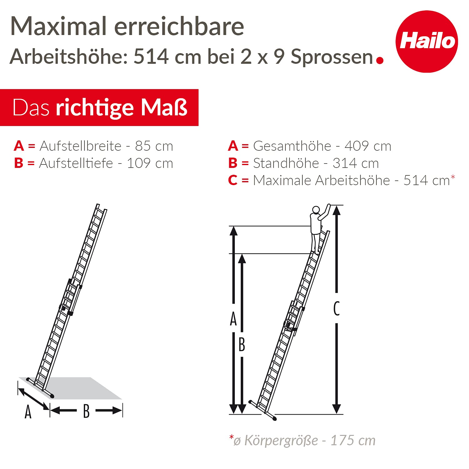 Hailo 7209-007 Aluminum Extension Ladder 2-Section Sliding ProfiStep Duo (2x9 Steps) - Perfect for Home, Construction & Roofing Work