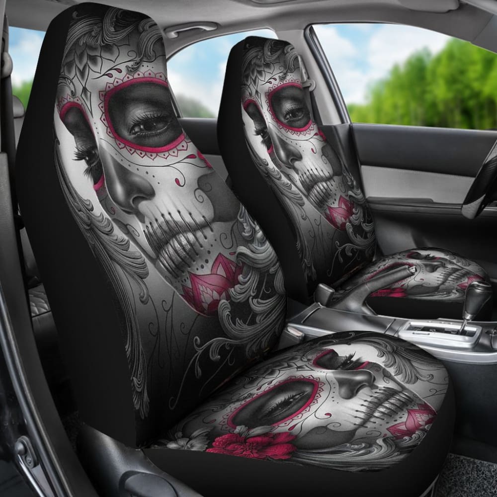 2 Pcs Sugar Skull Girl Car Seat Covers - Gothic Decor for Women's Vehicles, Halloween Auto Accessories - Perfect for Day of the Dead Decorations & Car Interior Styling