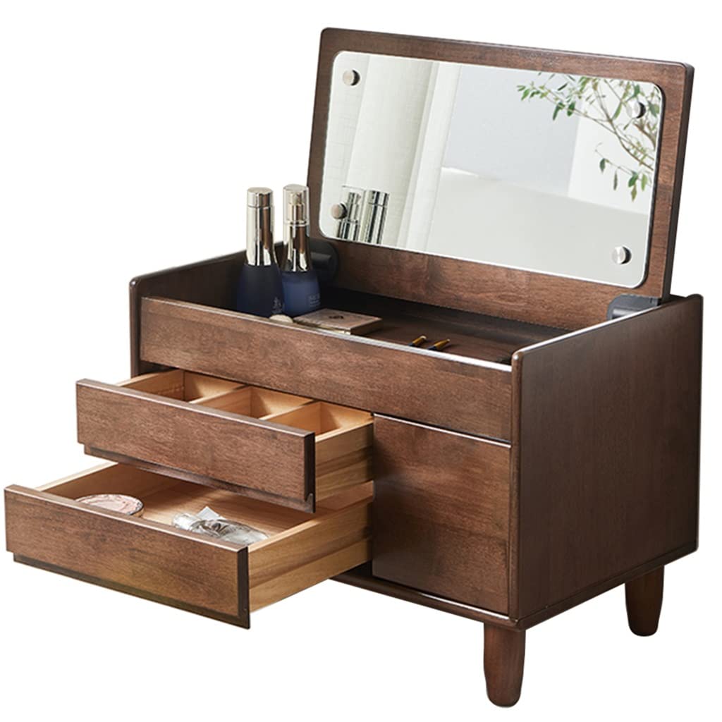 Vanity Desk with Flip Top Mirror, 2 Drawers & Storage - Compact Dressing Table for Small Bedrooms & Apartments - Writing Desk with Bay Window Design (60x37x42cm, Brown) - Perfect for Makeup, Skincare & Home Office Workspace