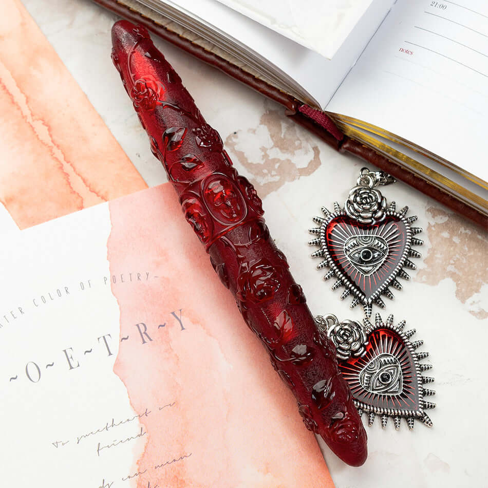 Benu Skull & Roses Fountain Pen - Elegant Red Rose Design for Writing, Calligraphy & Gift Giving - Perfect for Professionals, Students & Collectors