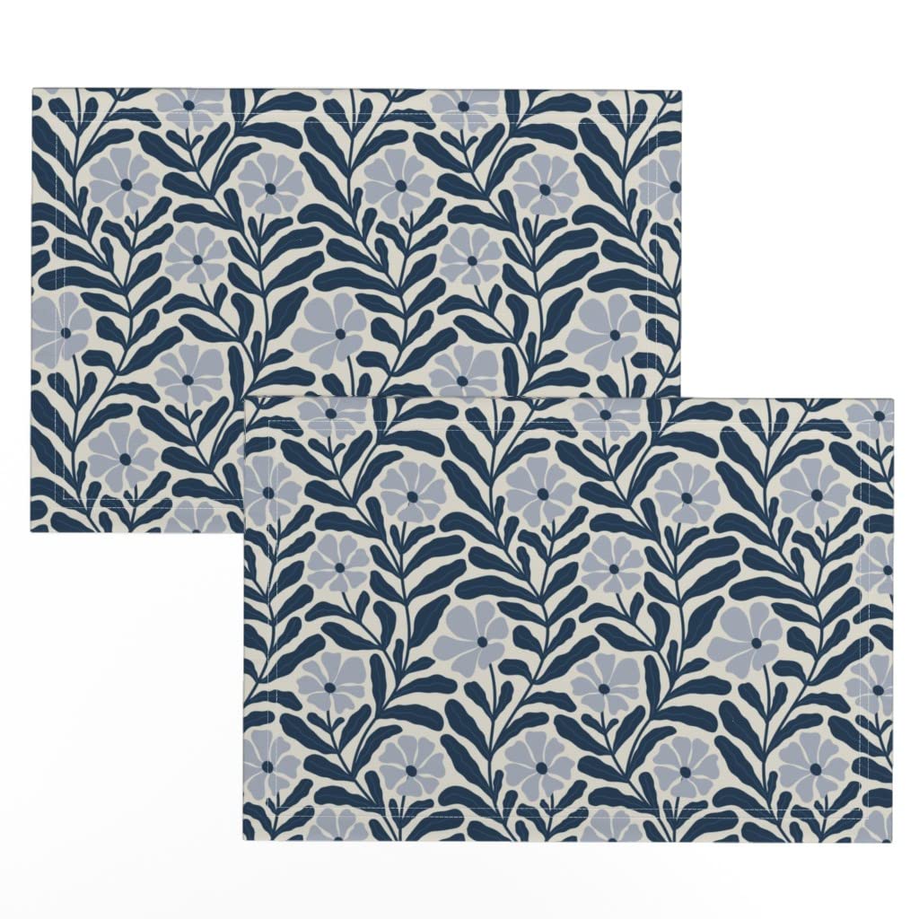Spoonflower Linen Cotton Canvas Placemats Set of 2 - Modern Floral Navy Gray Blue Monochrome Spring Print Table Mats for Dining, Kitchen Decor & Party Table Setting