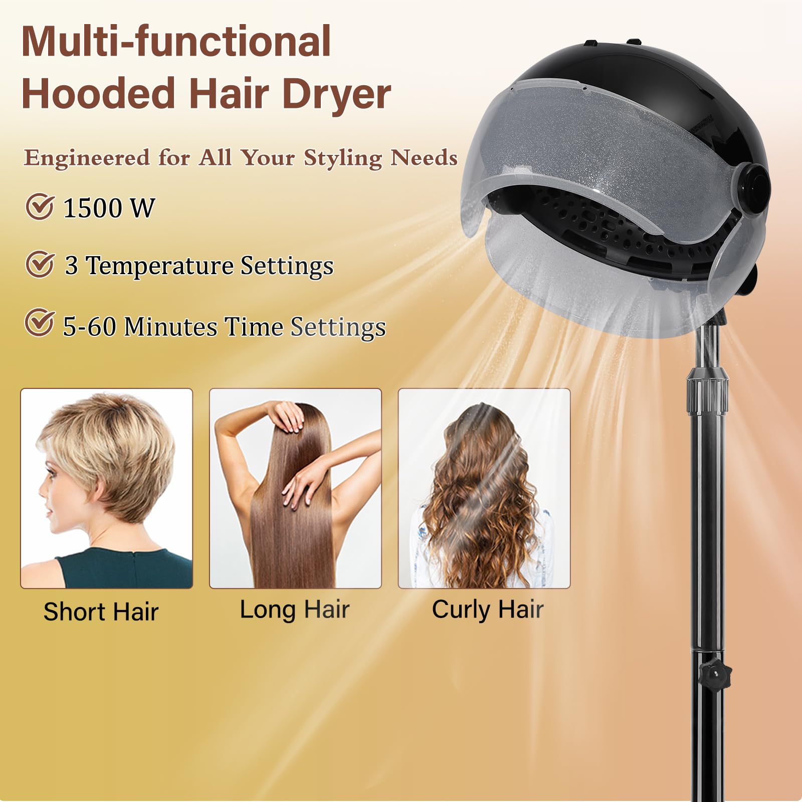 Professional Hooded Hair Dryer with 3 Heat Settings - Adjustable Stand Bonnet Dryer on Wheels for Salon & Home Use - Touch Screen Control for Easy Operation - Perfect for Hair Styling, Perms & Deep Conditioning Treatments