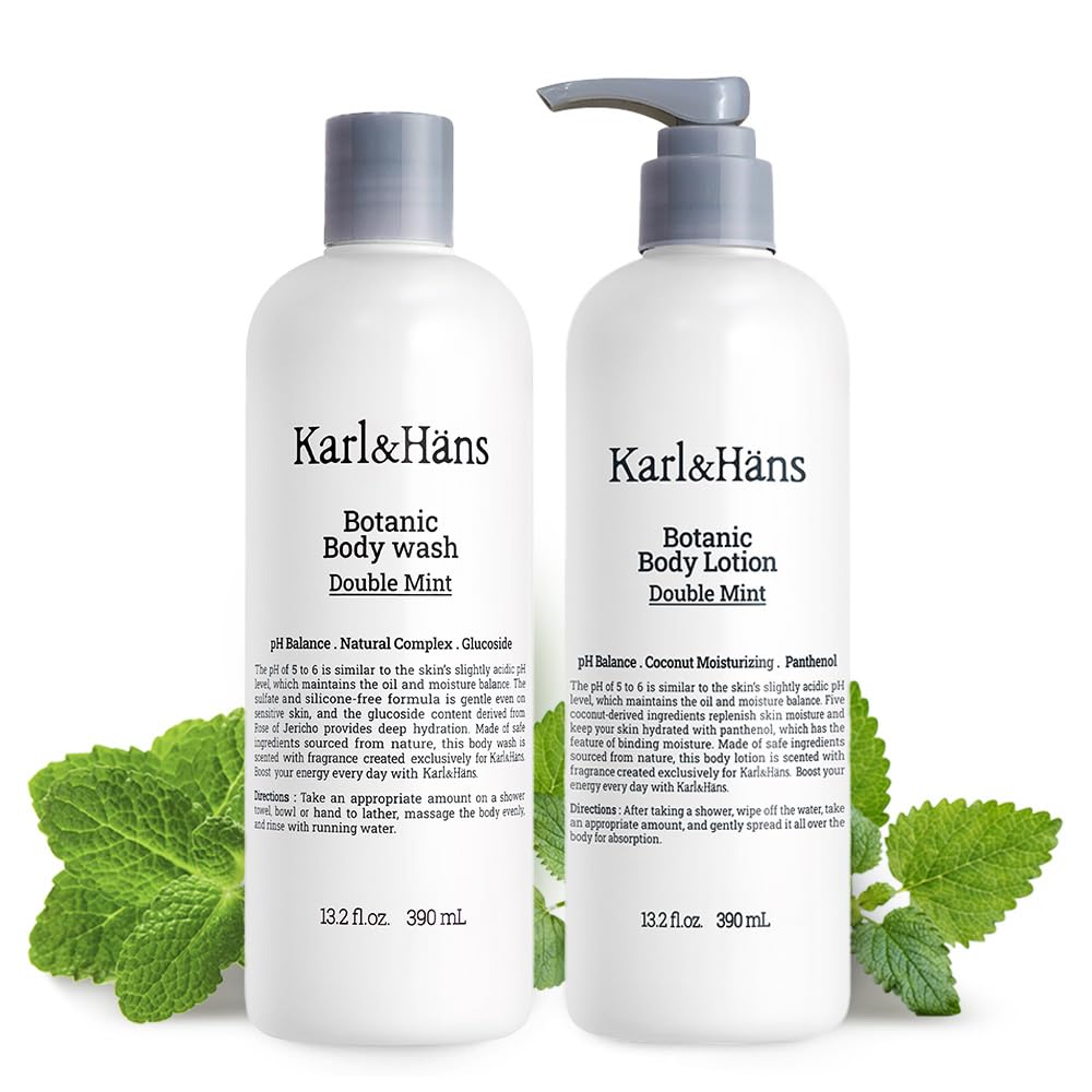 Karl & Hans Botanic Double Mint Vegan Body Wash & Body Lotion Set - Organic, Cruelty-Free for Men & Women - Refreshing Shower & Moisturizing Skincare Routine