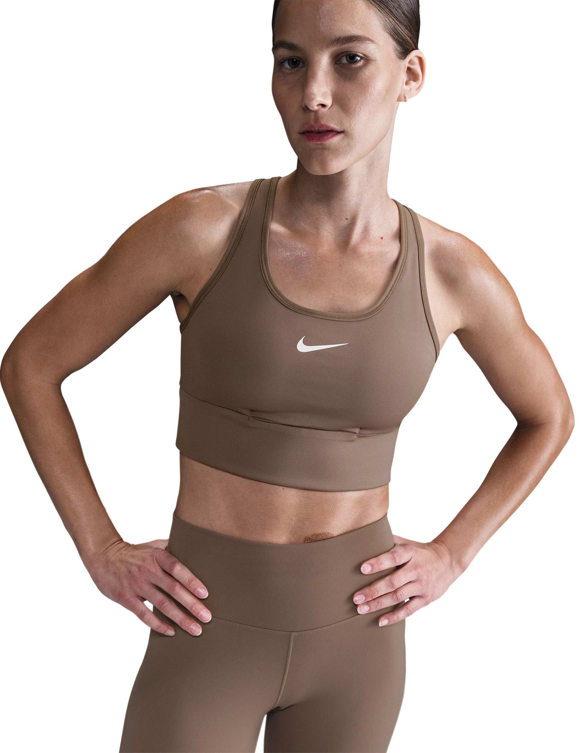 Swoosh Pocket Medium Support Sports Bra - Mink Brown/White - High Impact Workout, Running, Yoga & Gym Activewear for Women