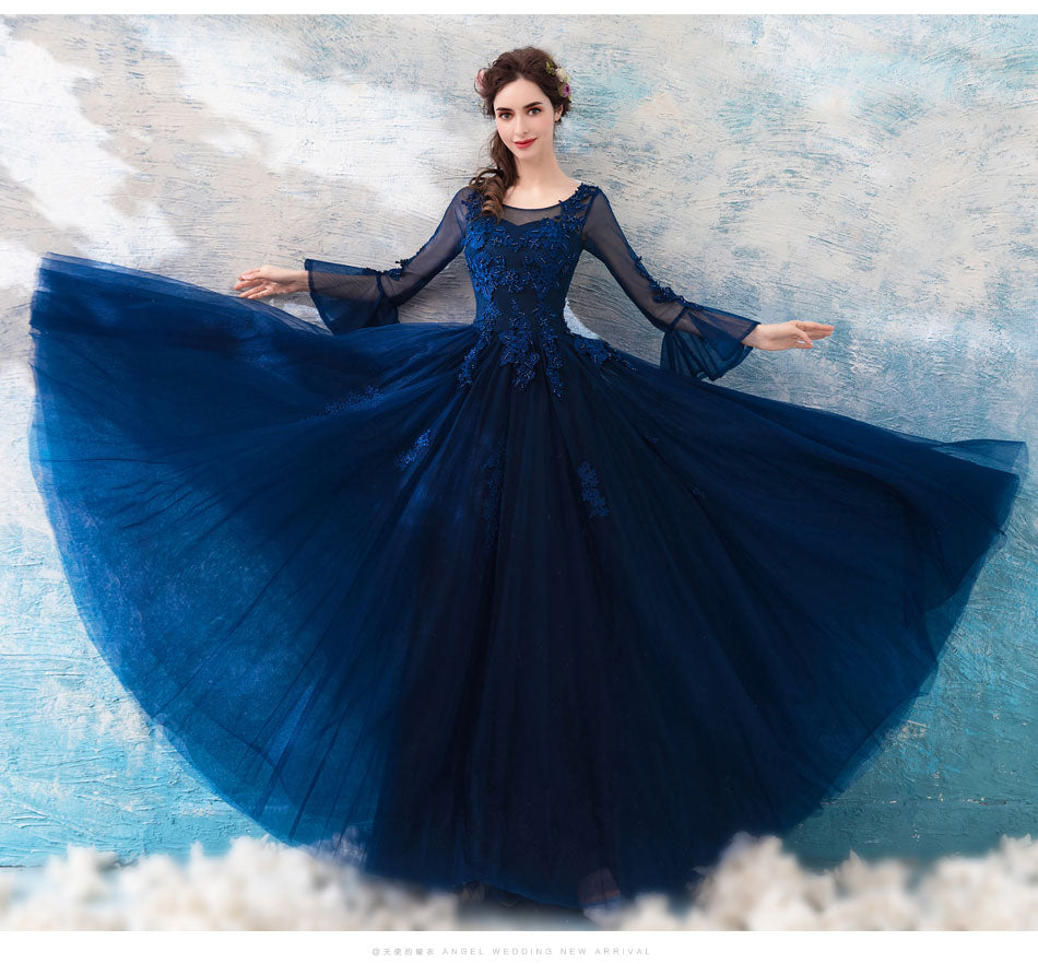Elegant Blue Round Neck Lace Tulle Long Prom Dress for Women - Romantic Lace Evening Gown for Formal Events, Homecoming, and Special Occasions