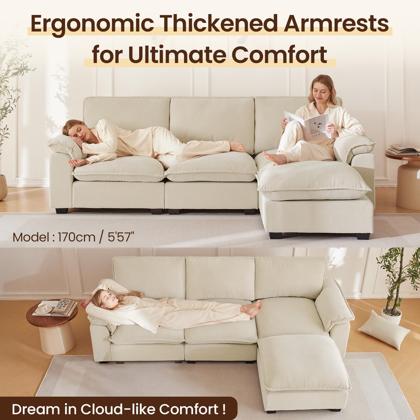 L-Shaped Modular Sectional Sofa with Reversible Chaise - Deep Seat Cloud Couch with Padded Armrests - Soft Chenille Fabric - Perfect for Living Room, Apartment & Office (Beige) | Comfortable Lounge & Entertainment Seating for Family Gatherings & Movie Nights
