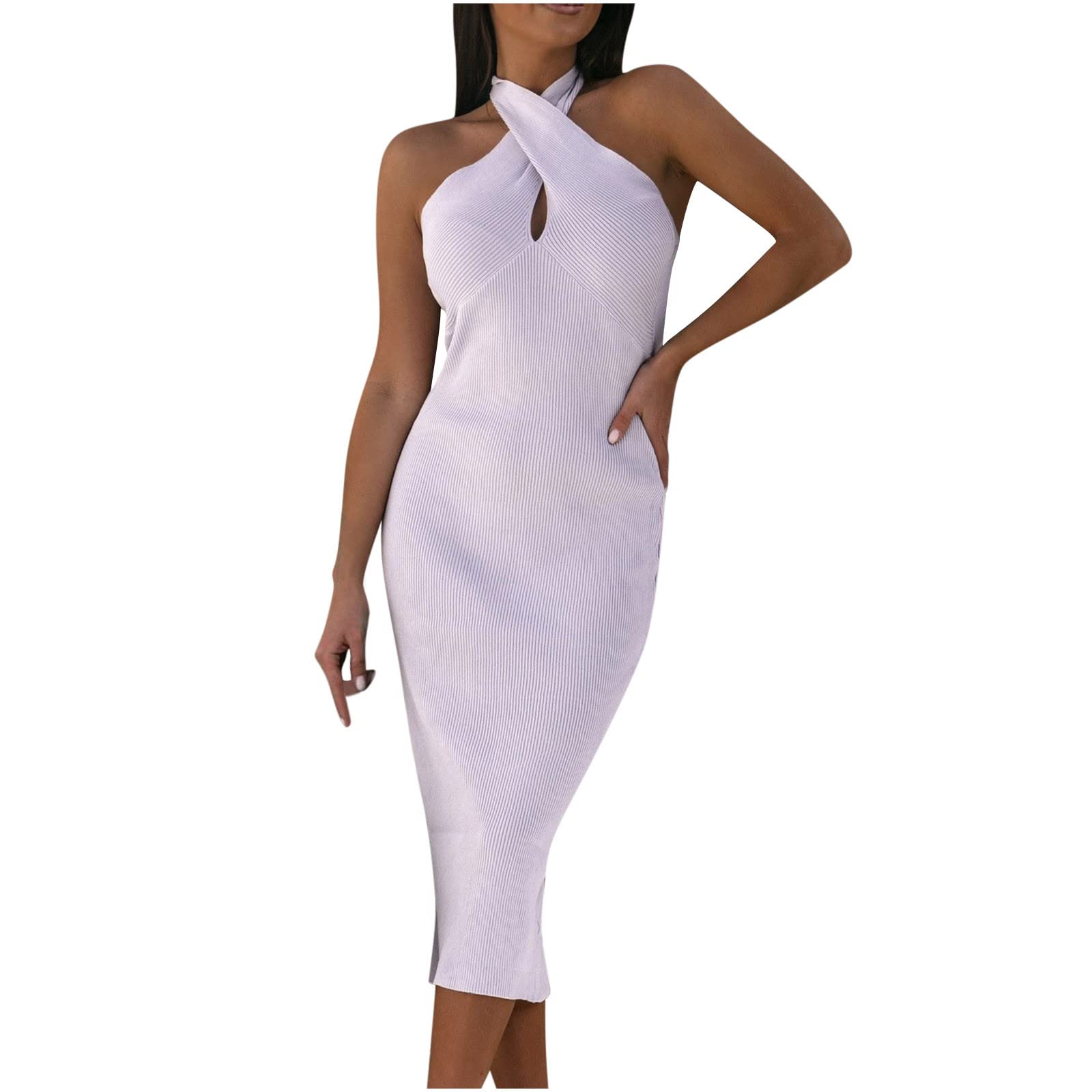 bmkBWO Women's Sexy Halter Maxi Dress - Sleeveless Bodycon Long Dress for Wedding Guest & Party | Slim Fit Elegant Solid Color Formal Evening Gown for Cocktail, Prom, Date Night