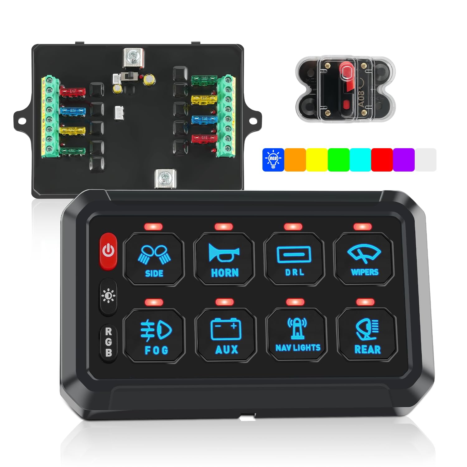 8 Gang Switch Panel with RGB LED & 5-Level Brightness Control - Universal Automotive Relay System for RV, Truck, ATV, UTV, Boat, Marine, SUV - Perfect for Interior Lighting & Accessory Control