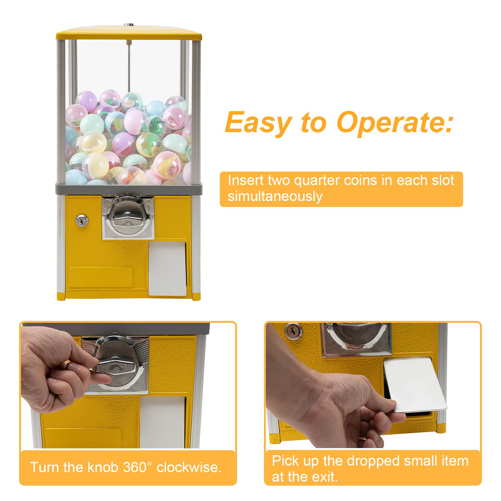 25 Cent Coin Operated Vending Machine - Commercial Gumball & Toy Capsule Dispenser - Prize & Candy Machine for Small Treats, Nuts, Feed (Yellow) - Perfect for Arcades, Retail Stores & Party Favors