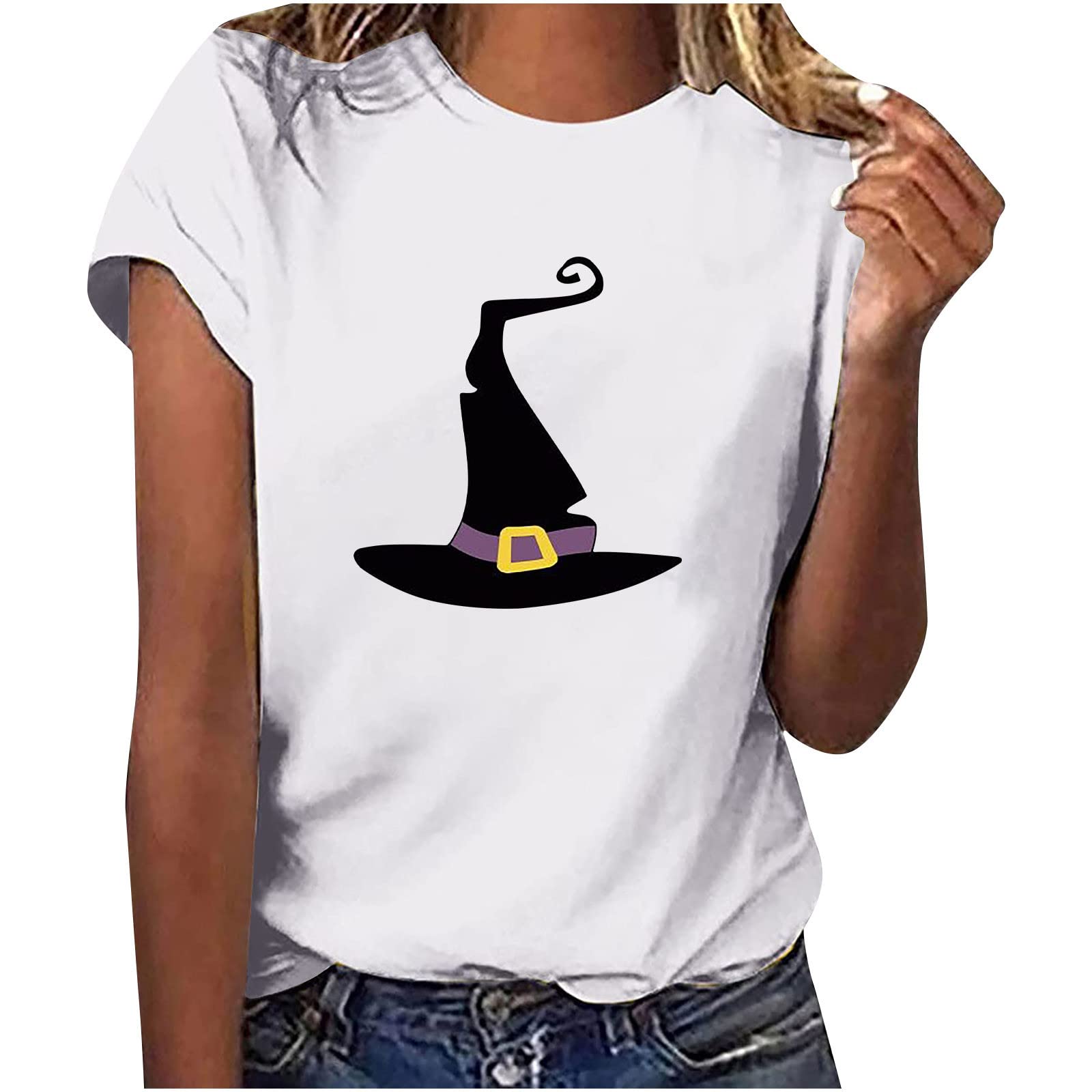Vintage Halloween Graphic Tee for Women - Witch Hat Print Short Sleeve Crewneck T-Shirt | Casual Halloween Blouse for Costume Parties, Trick-or-Treating & Spooky Season Outfits