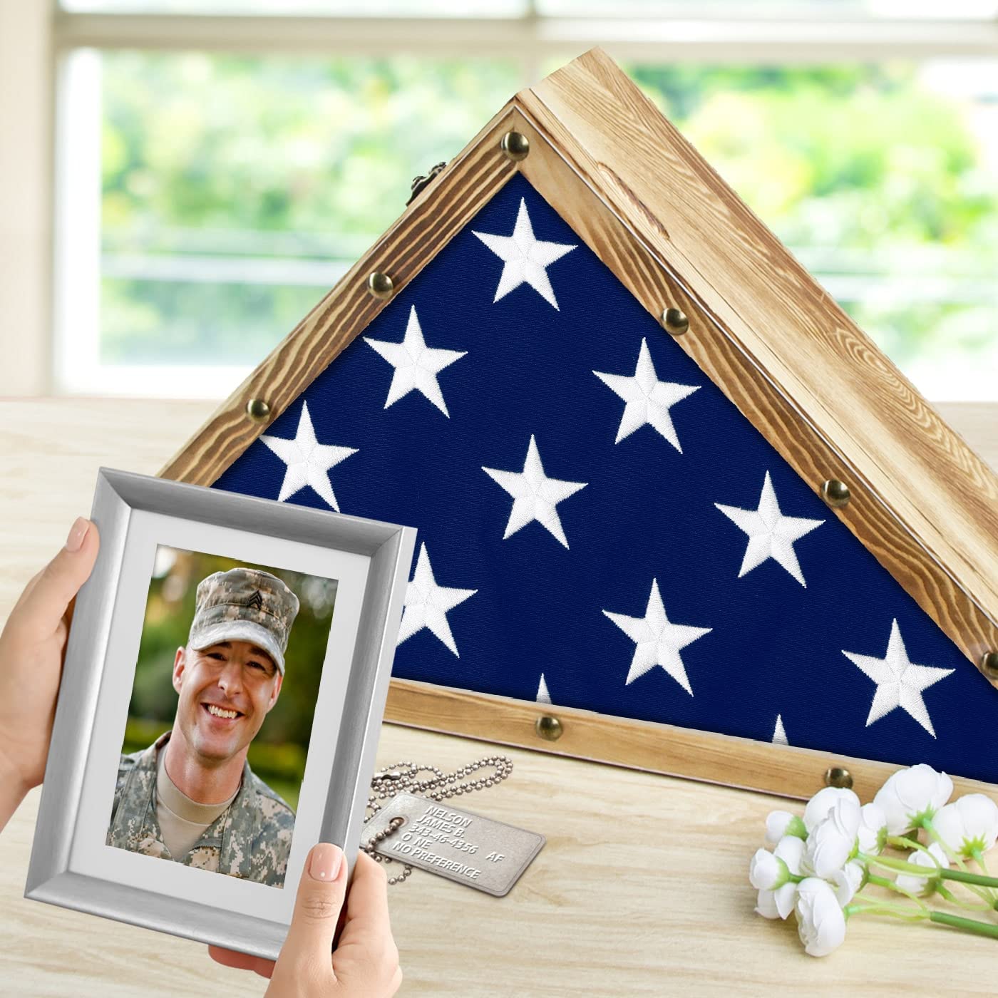 Rustic Wood Military Flag Display Case for American Veterans - Memorial, Burial & Funeral Flag Frame with Triangle Shadow Box - Fits 5' x 9.5' Folded Flag (MK900A) - Perfect for Honoring Veterans at Home, Office or Memorial Services