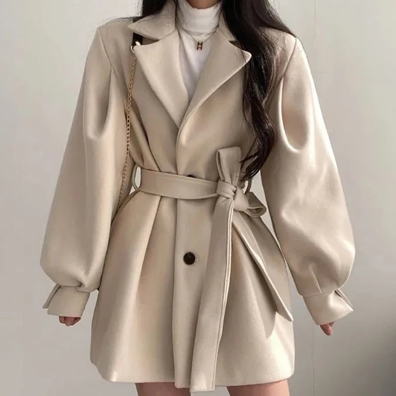 Women's Wool Blend Trench Coat with Lace-Up Front, Turn-Down Collar & Pockets – Warm Winter Long Sleeve Overcoat for Office, Dating & Fall Fashion