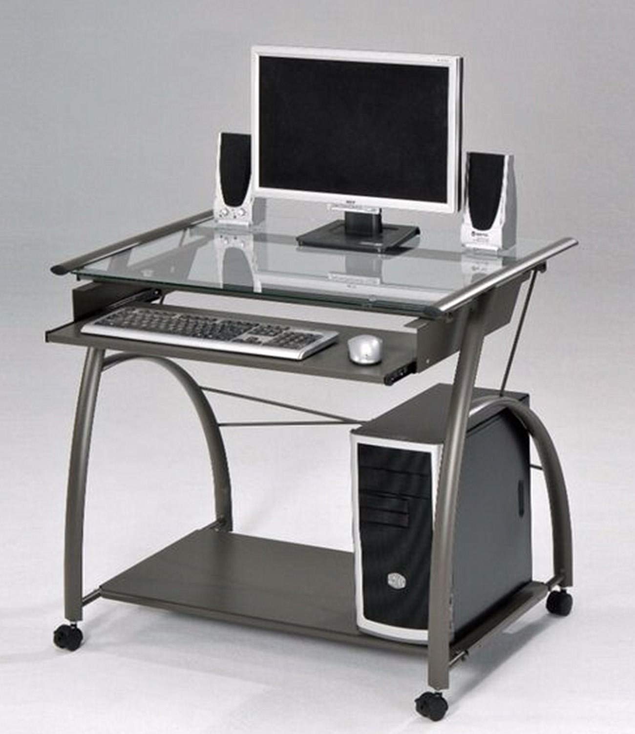 Ergonomic Glass Top Mobile Computer Desk for Home Office - Adjustable Height Workstation with Pull-Out Keyboard Tray & Smooth-Rolling Wheels - Perfect for Small Spaces, Remote Work & Study Areas