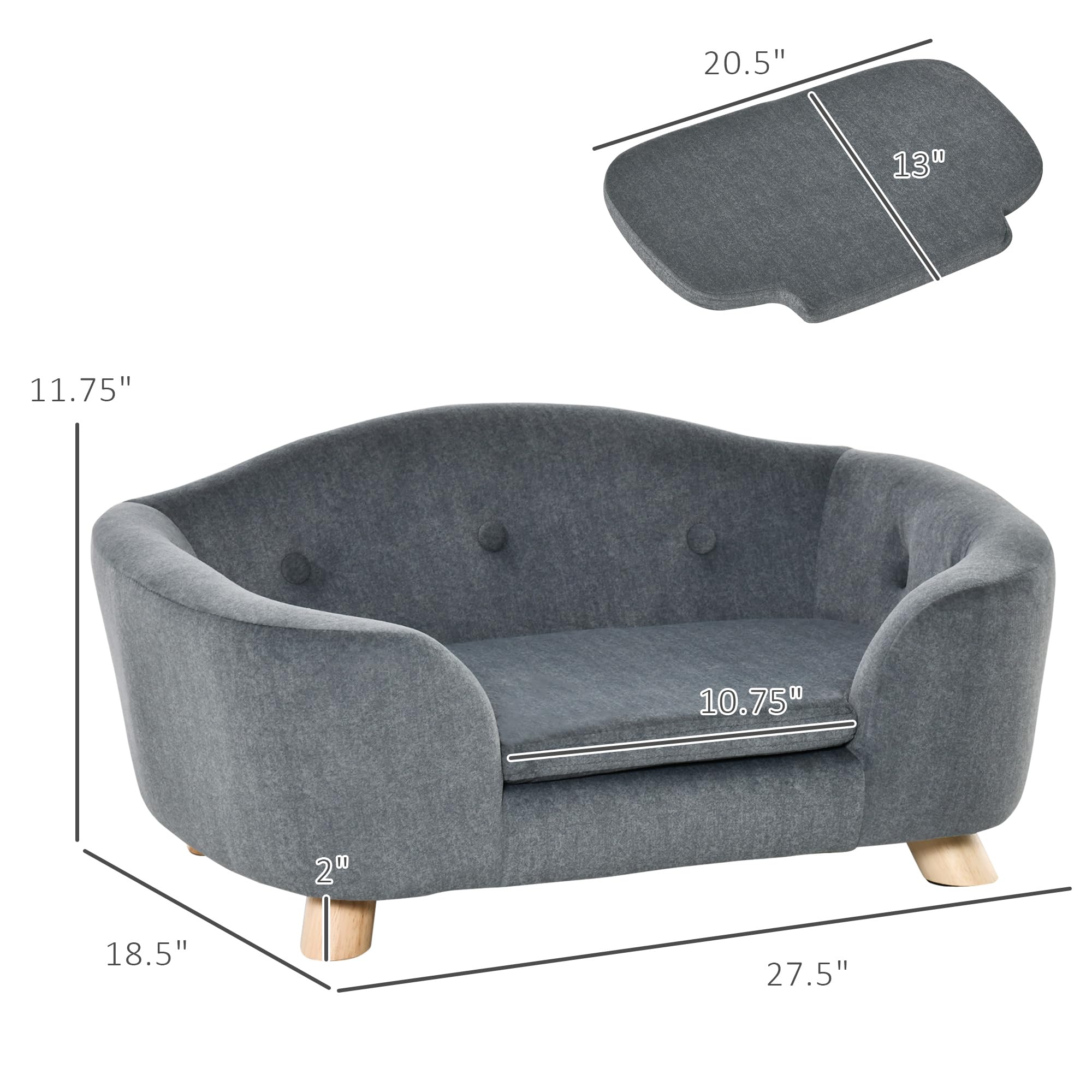 PawHut Small Dog Sofa Bed - Washable Removable Cushion & Waterproof Cover - Cozy Pet Bed for Small Dogs & Cats - Perfect for Living Room, Bedroom & Pet Nursery (Gray)