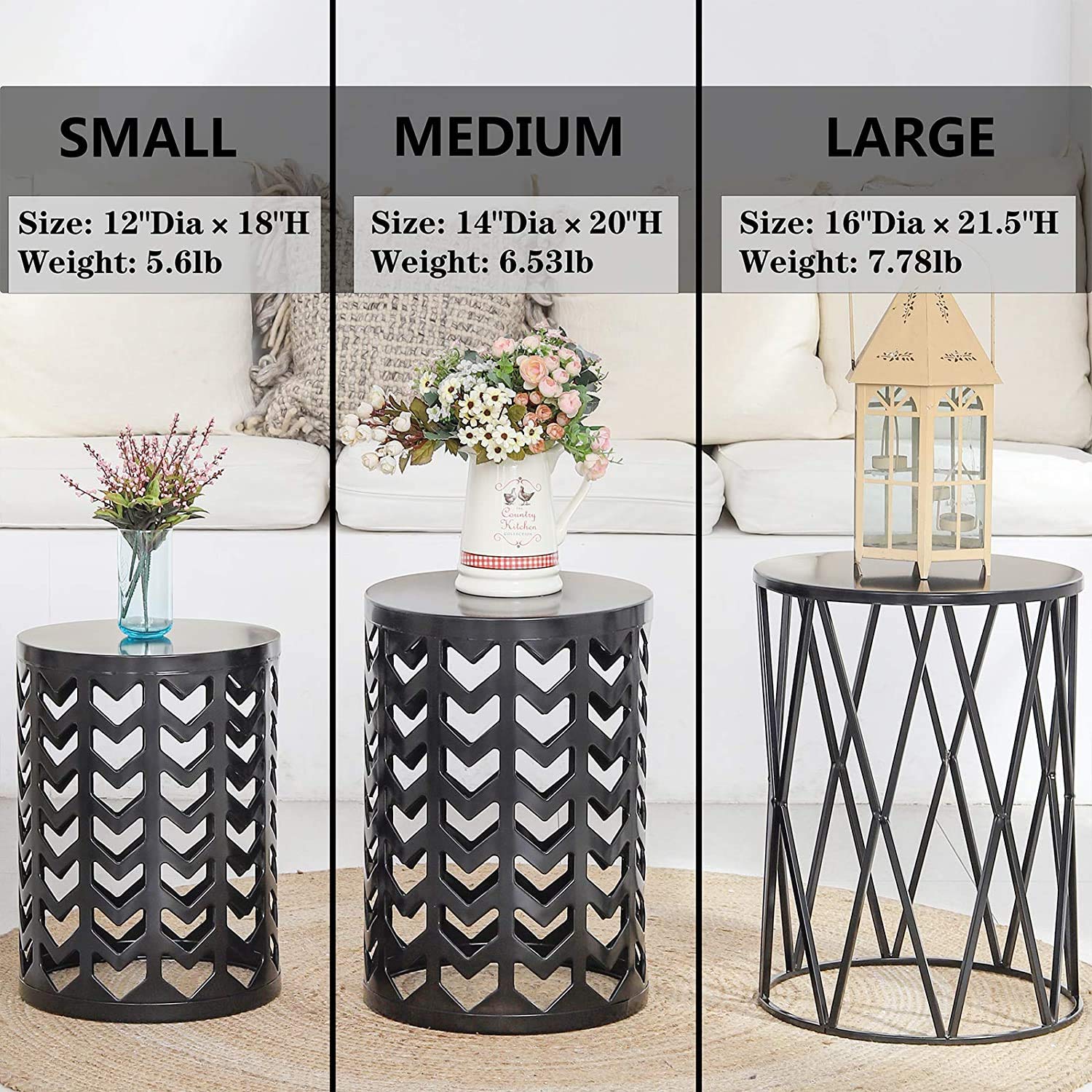 Y&M Nesting Side Table Set of 3 - Stackable Modern Industrial Coffee Tables for Living Room, Bedroom & Outdoor Use - Heavy Duty Metal Frame End Tables & Garden Stools - Pure Black - Perfect for Small Spaces, Patio Decor & Home Office Organization