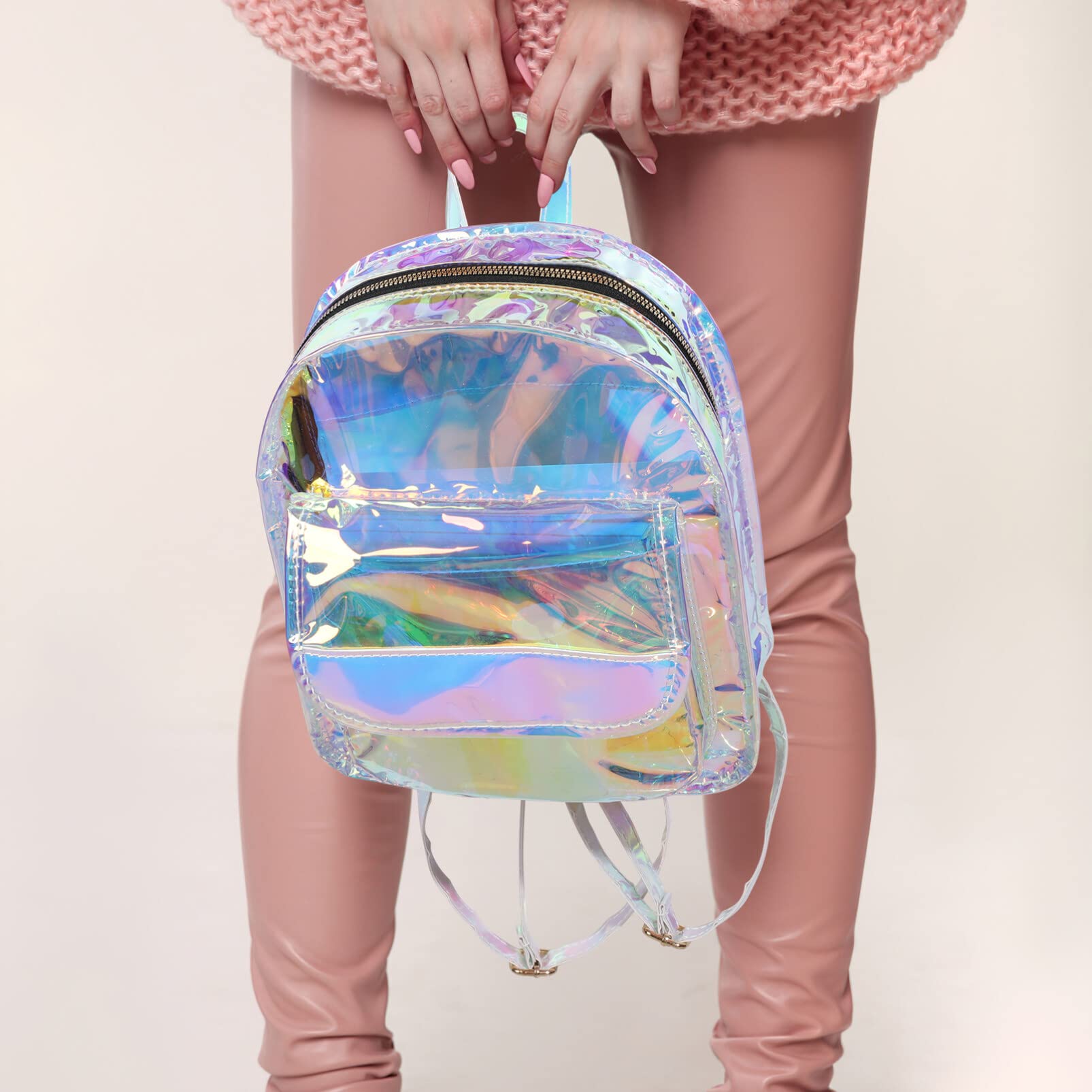 Holographic Clear Backpack for Women - Iridescent Transparent Bookbag, Fashionable Heavy Duty Makeup Bag & Handbag - Perfect for School, Work, Travel & Festival Use