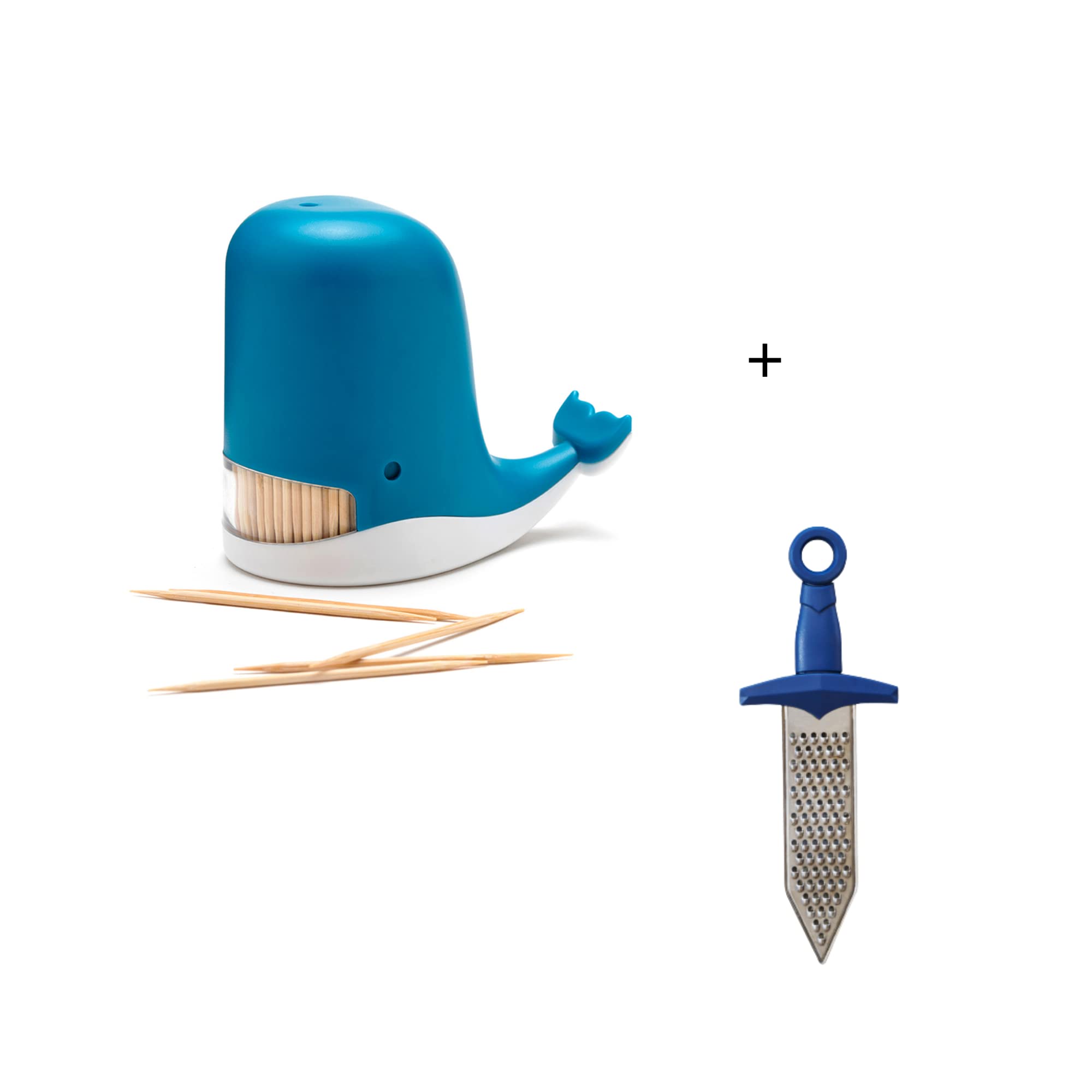 PELEG DESIGN Jonah Toothpick Holder & Dispenser - Whale-Shaped Kitchen Organizer + Stainless Steel Sword-Shaped Cheese Grater Set | Perfect for Home Dining, Party Serving & Gift Giving