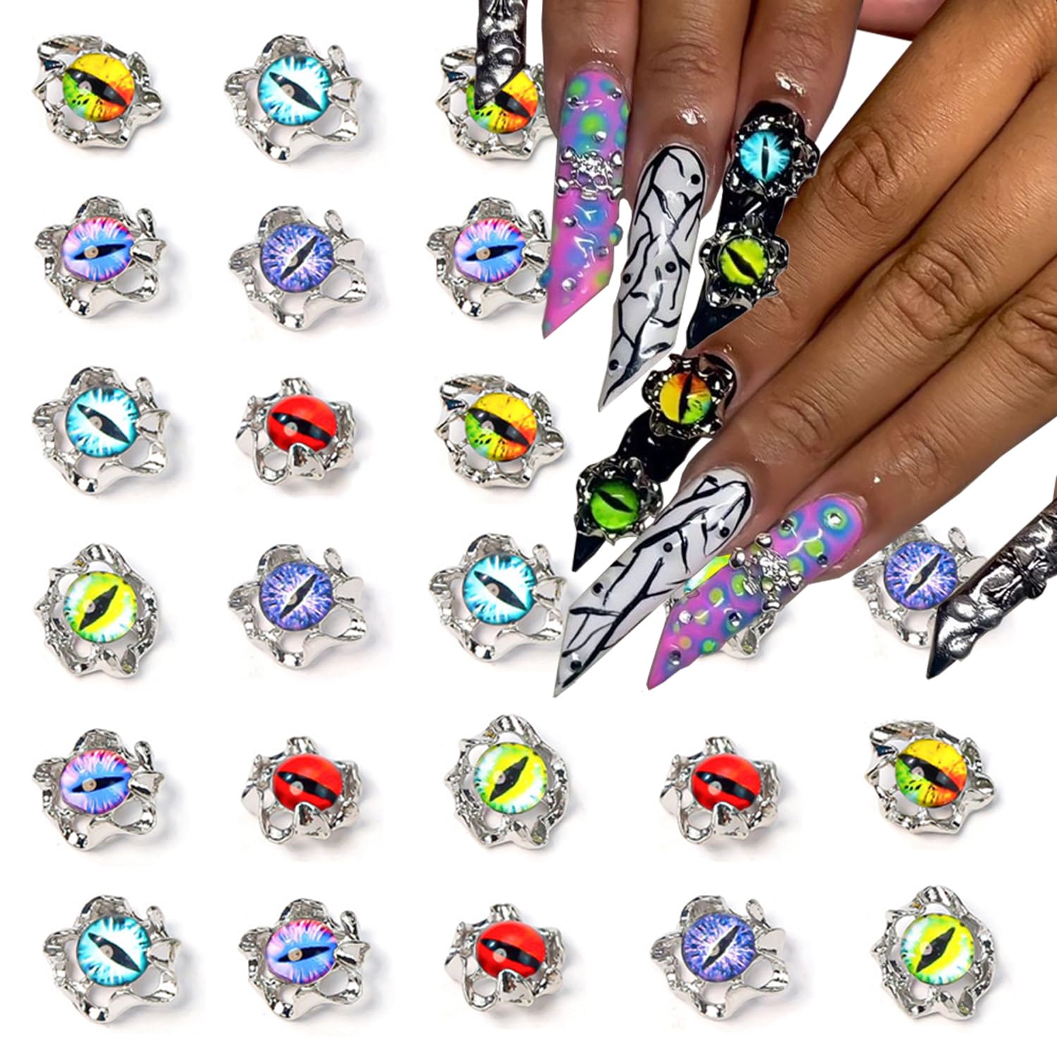 24PCS Halloween Eyeball Nail Charms - 3D Alloy Vintage Nail Gems with Rhinestones for Acrylic Nails | Mixed Color Eyes Nail Art Decorations | DIY Manicure Supplies & Y2K Nail Jewelry Accessories | Perfect for Halloween Parties, Costume Nails and Gothic Nail Art Designs