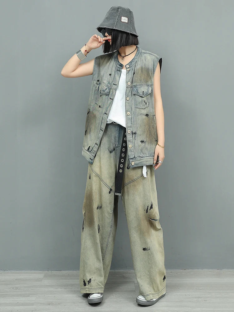 Women's Big Size Denim Vest & Wide Leg Pants Two Piece Suit - Round Neck Sleeveless Fashion Outfit for Spring & Autumn 2025 | Casual Streetwear, Office Chic & Weekend Outings | Style Code 1DJ0966