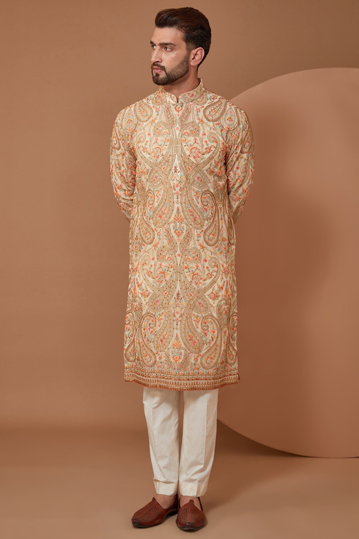 Ivory Cream Kashmiri Jamawar Embroidered Kurta for Women - Traditional Indian Ethnic Dress for Festivals & Weddings