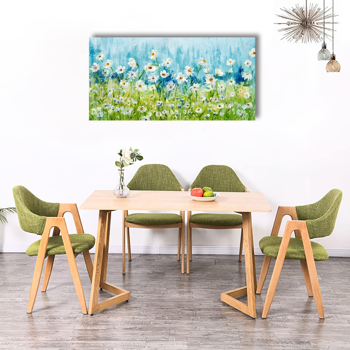 Blue Daisy Floral Canvas Wall Art - 24x48 Inch Framed Abstract Flower Painting with Green Grass Landscape - Modern Home Decor for Living Room, Bedroom, Kitchen & Office | Perfect Gift for Housewarming & Interior Design